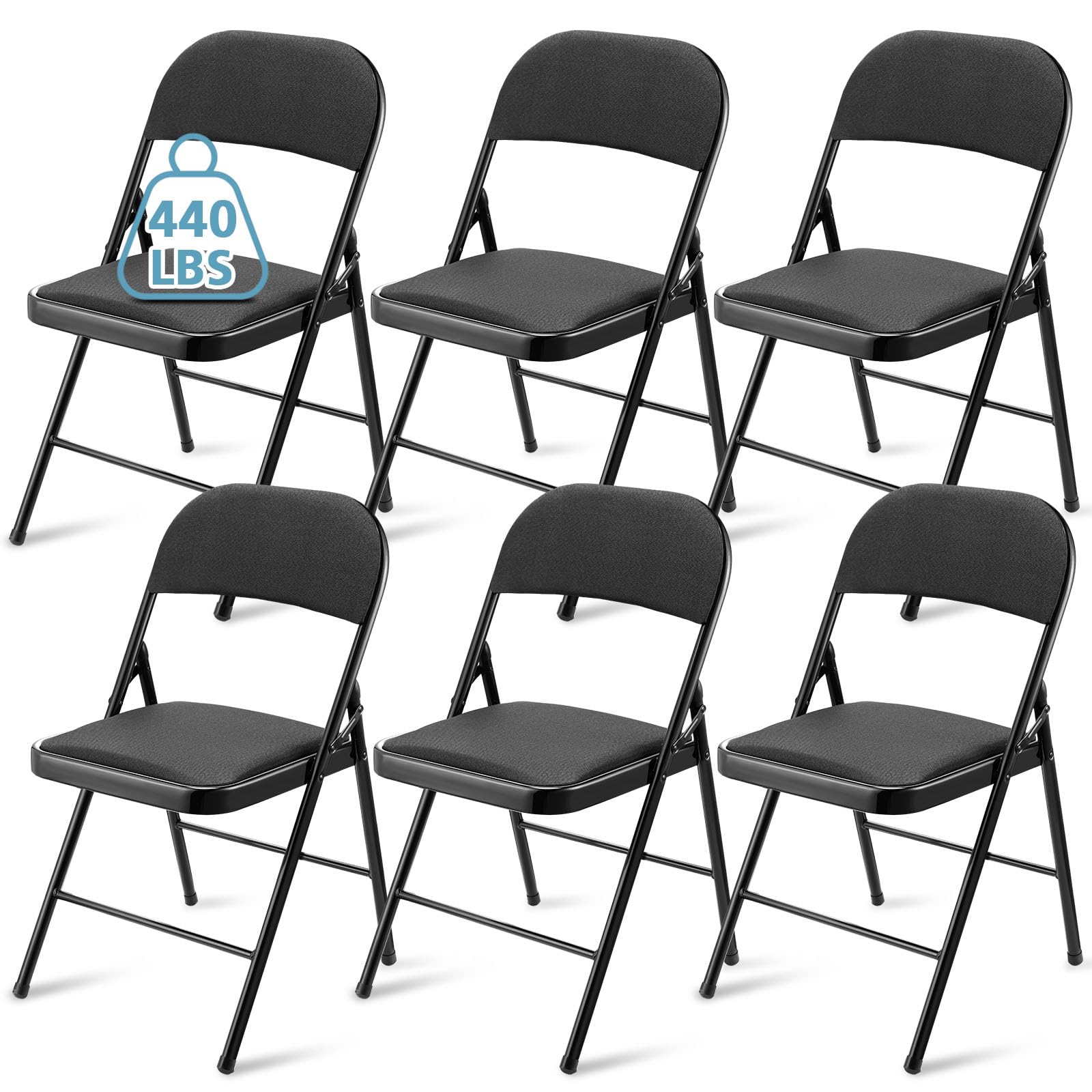 6 Pack Folding Chairs - Heavy Duty Metal Frame with Comfortable Padded Seat, Portable & Stackable for Office, Wedding, Party, Camping & Outdoor Events - Non-Slip Black Fabric Chairs Bulk Supplies