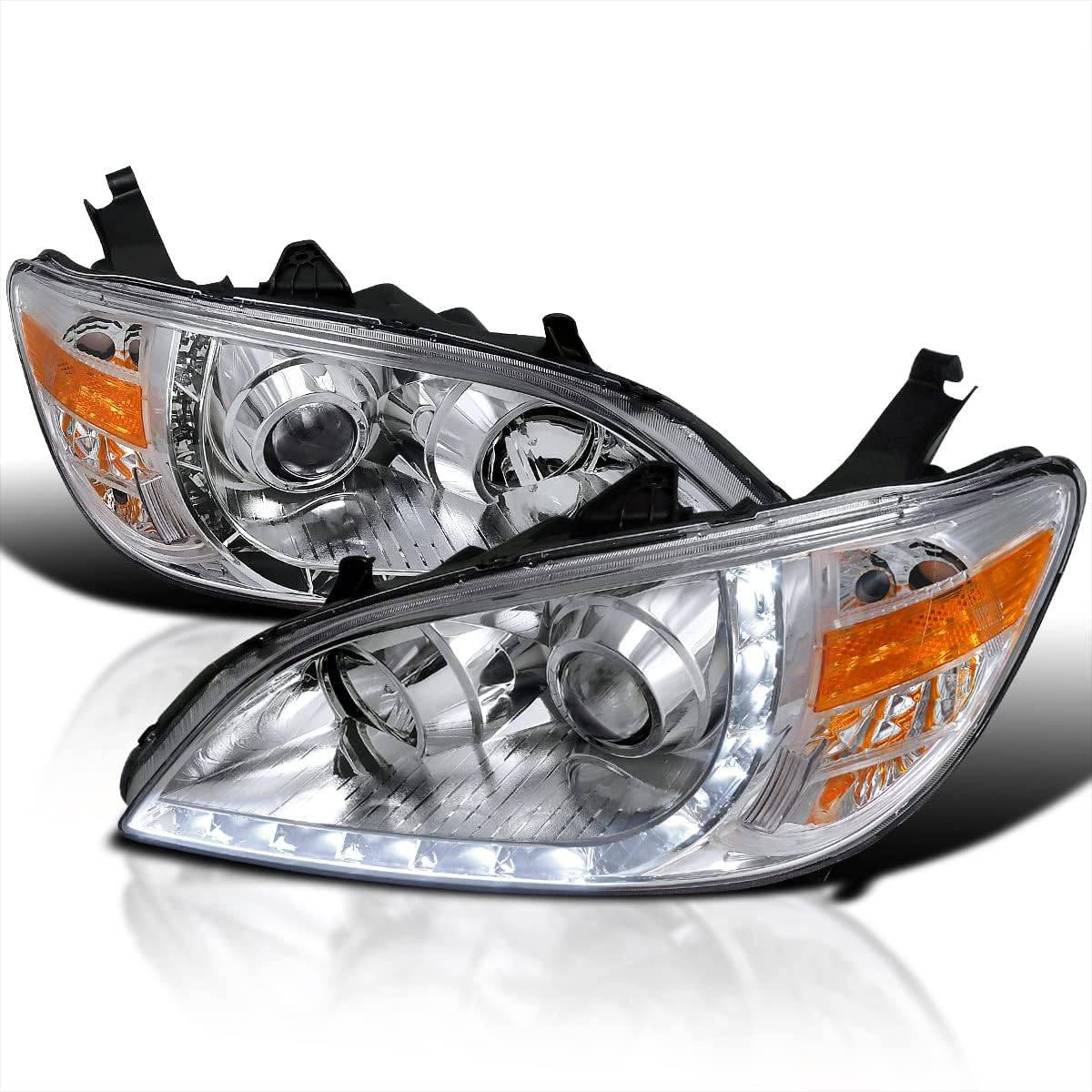 2004-2005 Honda Civic LED Headlights - DRL Projector Headlamp Assembly with Chrome Housing & Clear Lens - Upgrade for Night Driving & Style Enhancement