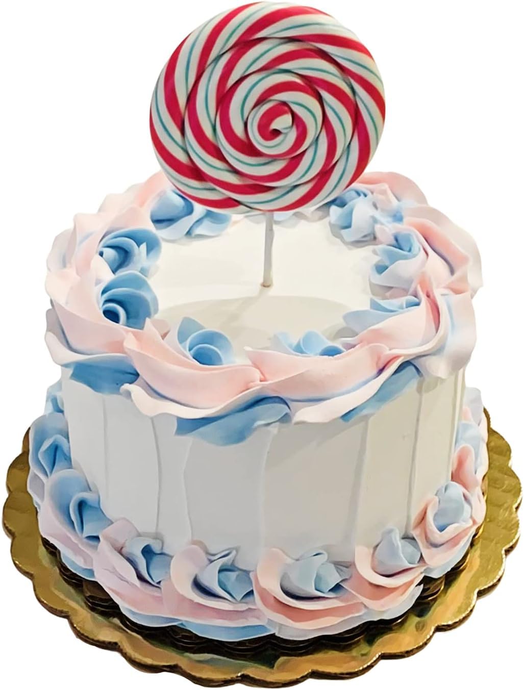 Dezicakes Handmade Fake Cake - Realistic White, Pink & Blue Lollipop Artificial Cake for Party Decorations, Wedding Centerpieces & Photo Props