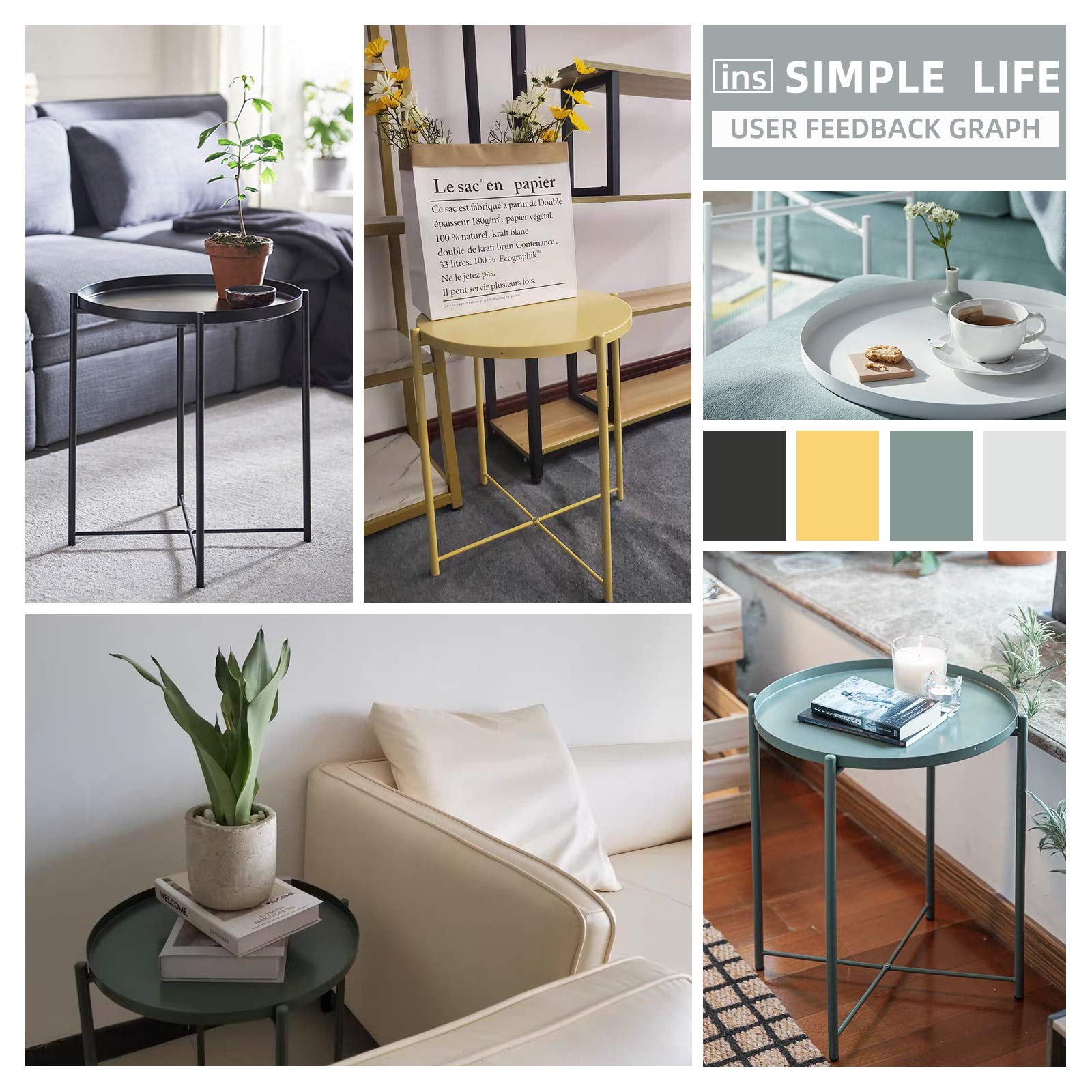 Round Metal Tray End Table - Waterproof Modern Side Table with Removable Tray for Living Room, Bedroom, Balcony & Lounge - Perfect as Coffee Table, Nightstand or Sofa Side Table (Black)