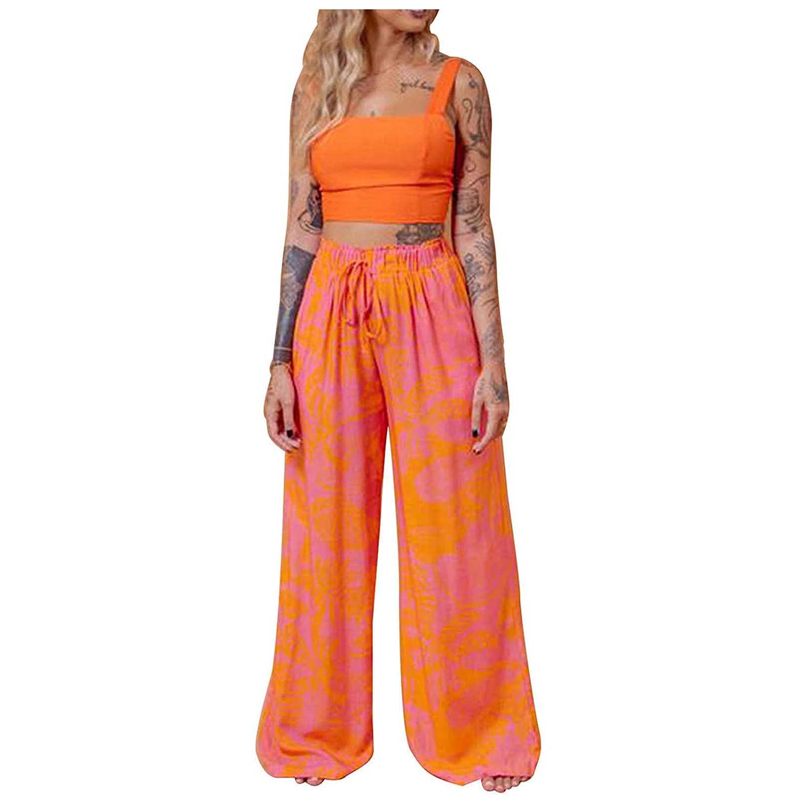 Boho Outfit for Women - 2 Piece Summer Fashion Set with Floral Butterfly Print Crop Top & Drawstring Wide Leg Pants | Perfect for Beach Vacations, Music Festivals & Casual Outings