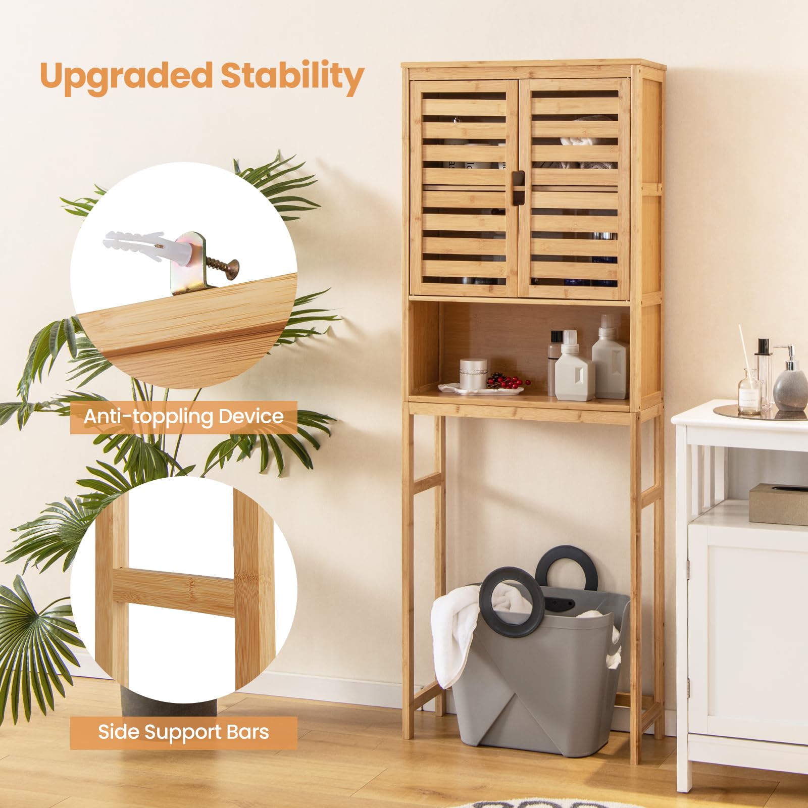Giantex Over The Toilet Storage Cabinet - Bamboo Freestanding Bathroom Organizer with Shelves & Louver Doors | Anti-Tipping Design, Bottom Crossbar for Stability | Space Saving Toilet Rack for Towels, Toiletries & Bathroom Essentials | Perfect for Small Bathrooms, Apartments & Powder Rooms