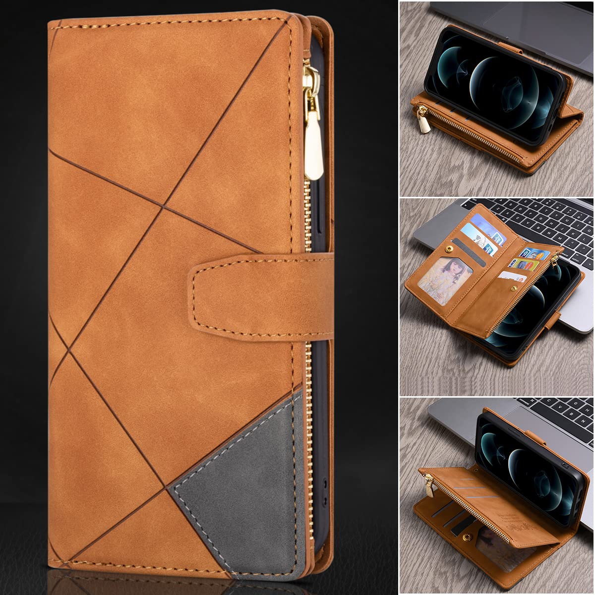 Magnetic Leather Zipper Wallet Case for iPhone 13 (6.1 inch) - Flip Cover with Wrist Strap, Card Holder & Kickstand | Perfect for Travel, Shopping & Everyday Use