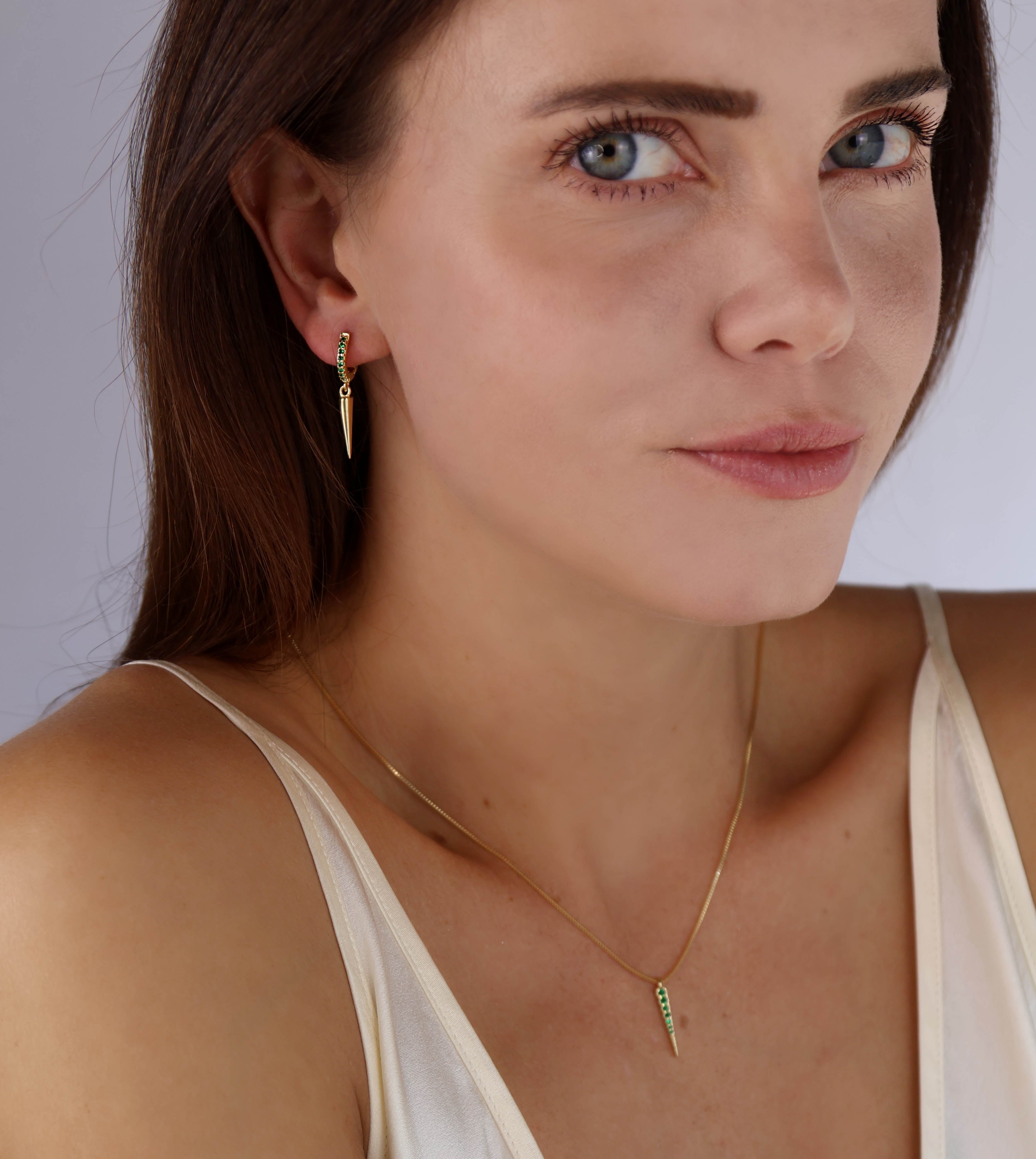 18K Gold Filled Emerald CZ Hoop Earrings with Spike Drop - Elegant Dangle Earrings for Women, Perfect for Parties, Weddings & Everyday Wear