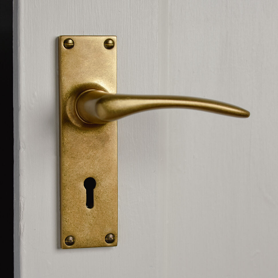 Vintage Aged Brass Oak Lever Lock Door Handles - Classic & Durable Entry Hardware for Home, Office & Cabin Doors