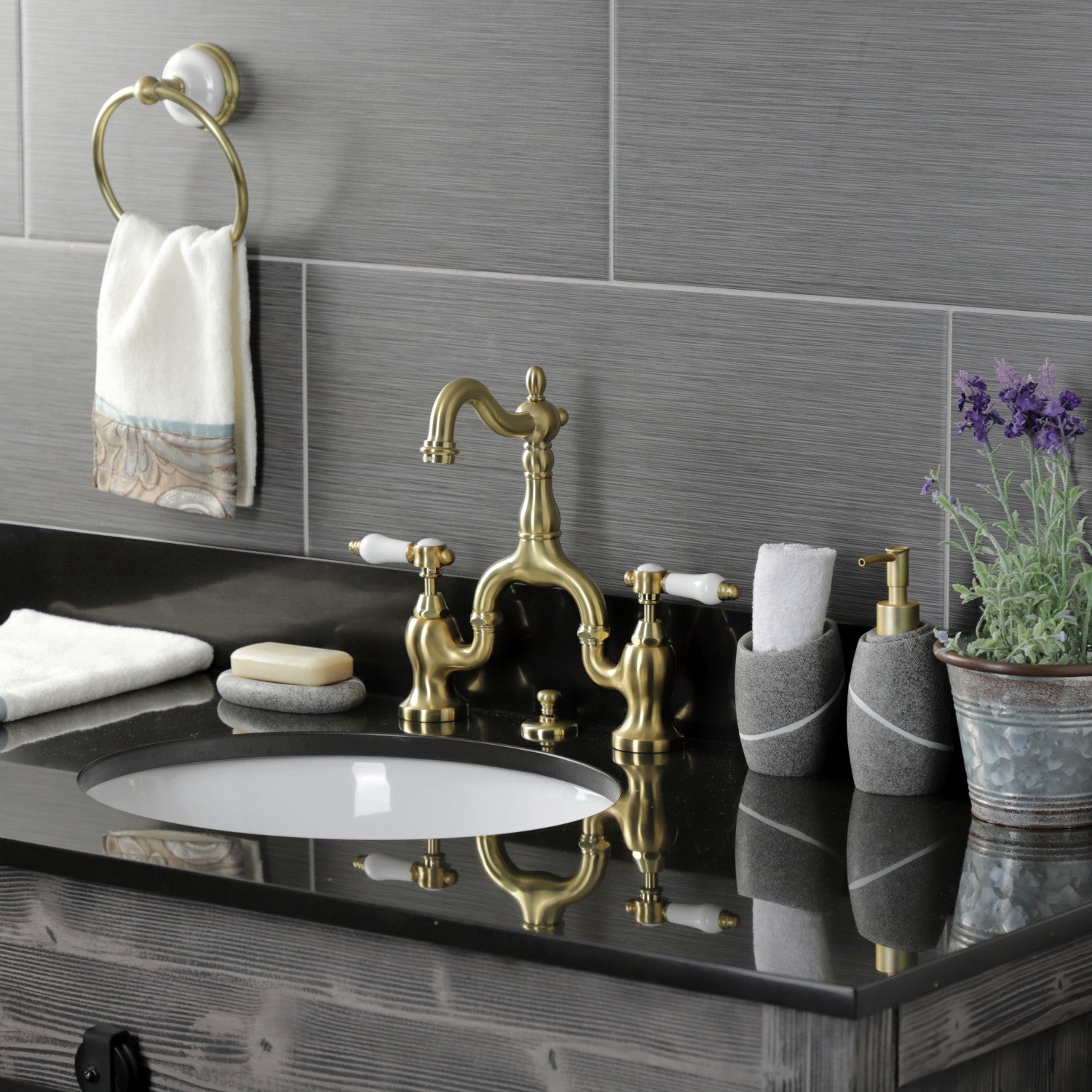 Bel Air KS7977BPL Brushed Brass Two-Handle 3-Hole Deck Mount Bathroom Sink Faucet with Brass Pop-Up Drain - Perfect for Modern Bathrooms & Vanities