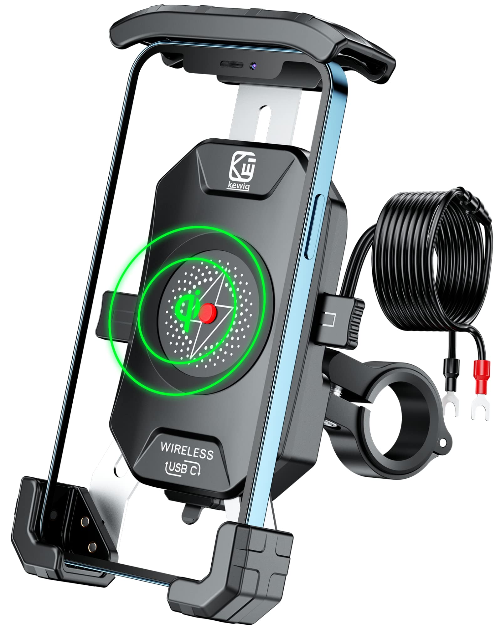 BRCOVAN Motorcycle Phone Mount with Qi 15W Wireless Charger & USB-C 20W Fast Charging - One-Hand Operation Handlebar Phone Holder for 4-7 Inch Smartphones - Aluminum Alloy Base - Perfect for Riding, Commuting & GPS Navigation