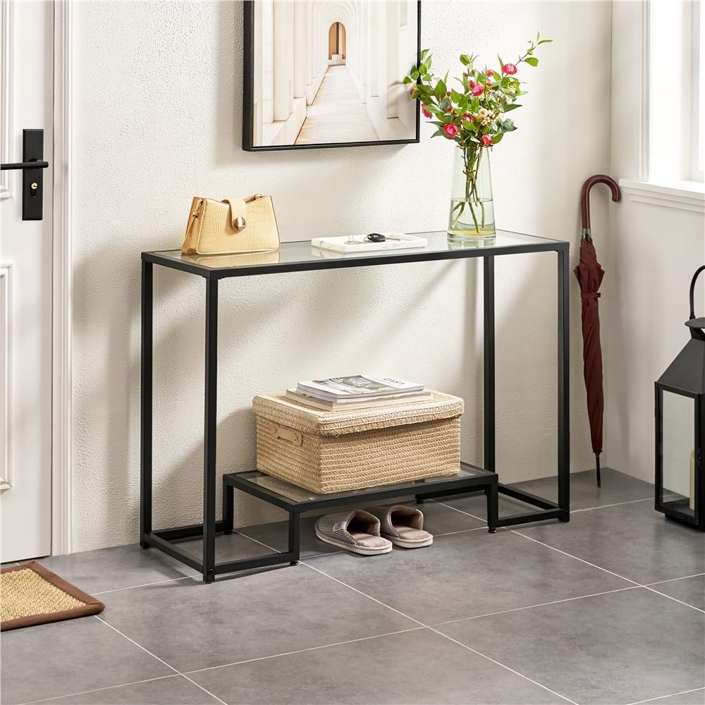Yaheetech 42 Inch Modern Console Table with Tempered Glass Top & 2-Tier Storage Shelves - Entryway Sofa Table for Hallway, Living Room, Bedroom - Sturdy Black Design for Home Decor & Organization