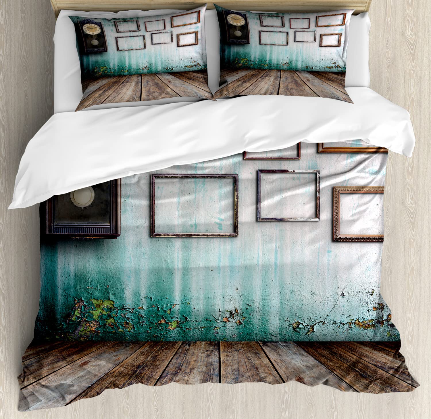 Vintage Clock Duvet Cover Set - 2 Pack Cal King Size Bedding with 4 Pillowcases, Old Room Wooden Backdrop Print in Green & Brown - Perfect for Vintage Themed Bedrooms, Guest Rooms & Cozy Home Decor
