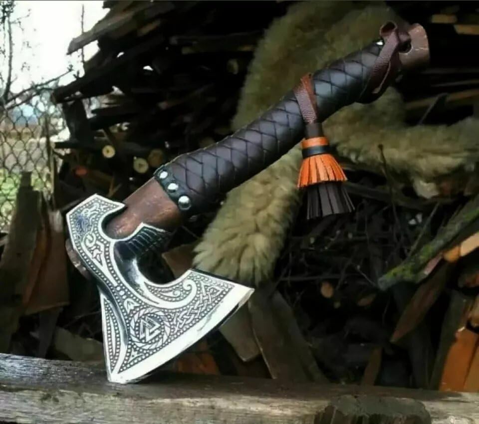 Handmade Viking Axe - High Carbon Steel Forged Tomahawk Bearded Axe for Throwing & Wood Chopping - Norse Warrior Gift for Men - Camping, Survival & Outdoor Activities - Valknut Design Woodworking Tool