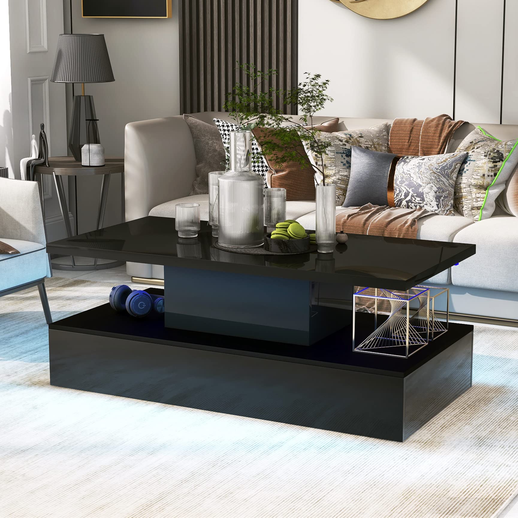 Stylish Modern LED Coffee Table for Living Room - 16-Color Changing Light, High Gloss Rectangle Wooden Center Table with Storage Shelf, 2-Tier Cocktail Table for Home Office (Black, 47.2