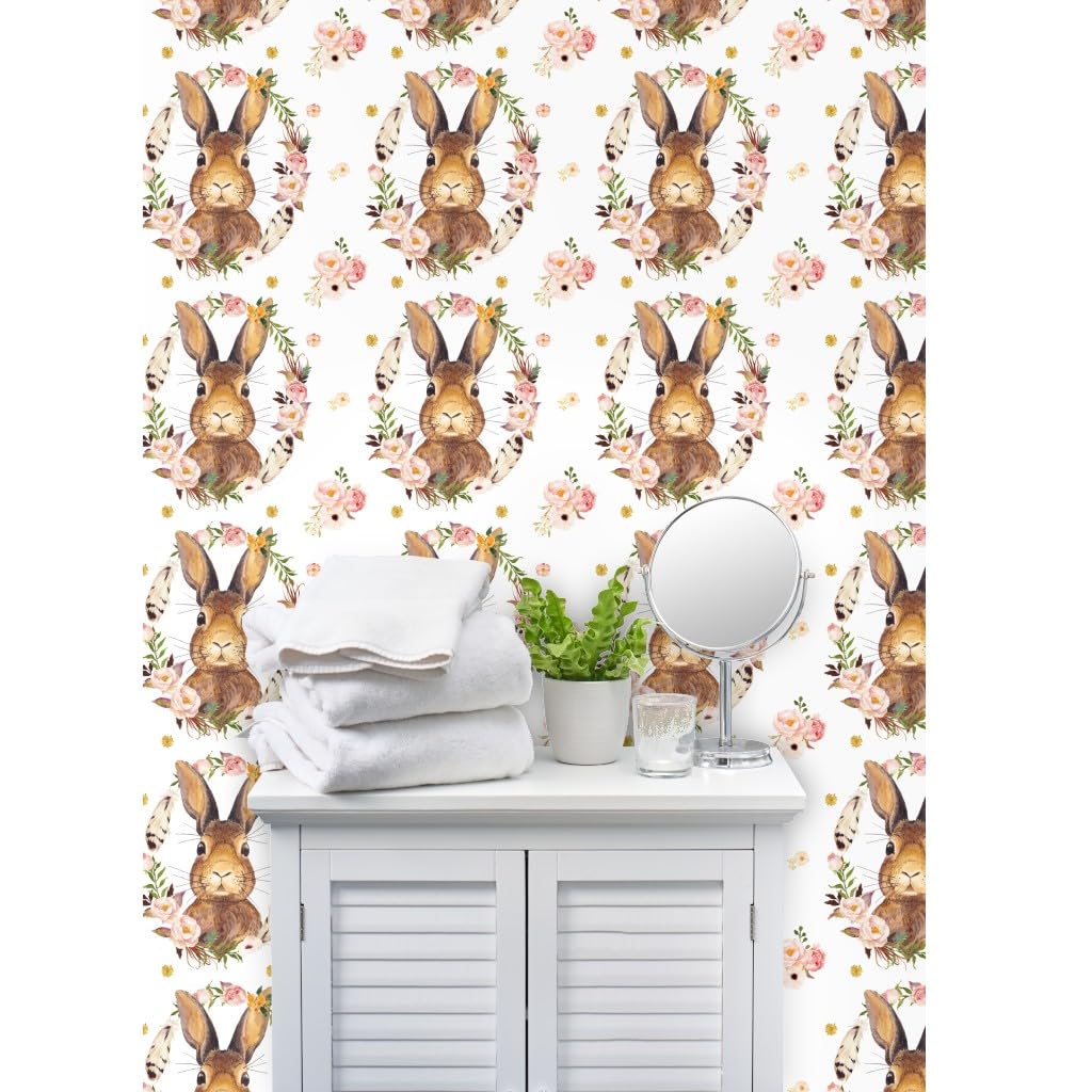 Premium Bunny White Baby Girl Woodland Roses Floral Wallpaper - 27ft x 2ft Commercial Grade Peel & Stick - Perfect for Nursery, Bedroom & Kids Room Decor