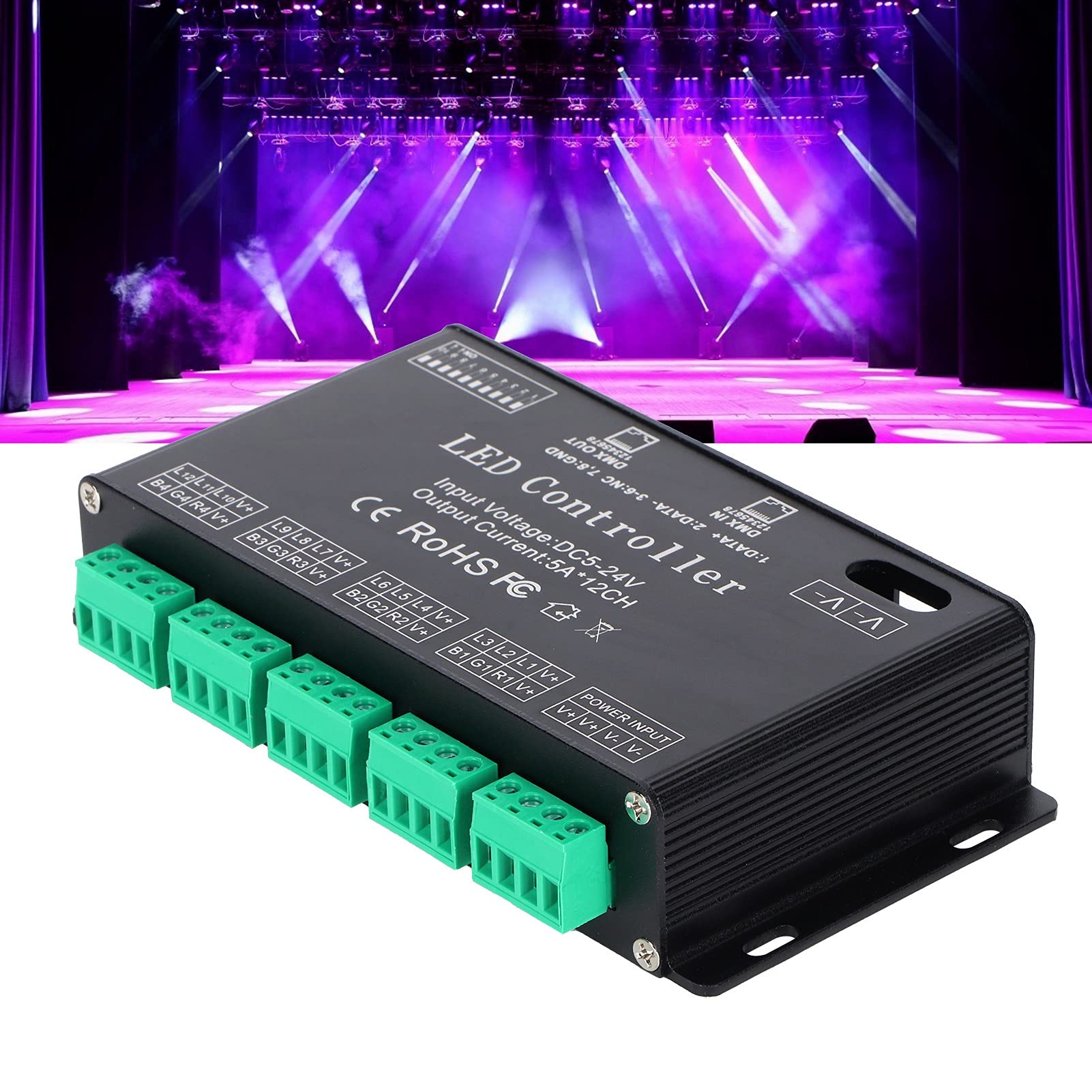 Walfront 12 Channel DMX512/1990 LED RGB Strip Light Controller - Constant Current Decoder & Dimmer Board with DIP Switch (DC 5-24V) for Stage Lighting, Home Theater, and Architectural Lighting