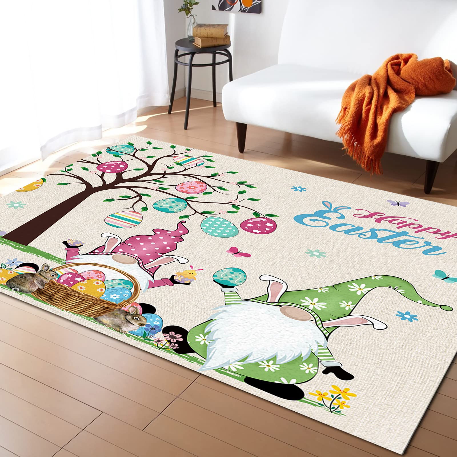 Easter Gnome Under The Eggs Tree Linen Texture Area Rug 5'x8' - Modern Indoor Floor Carpet for Living Room, Bedroom, Home Decor | Cozy & Contemporary Accent Rug for Spring Holidays & Seasonal Decor