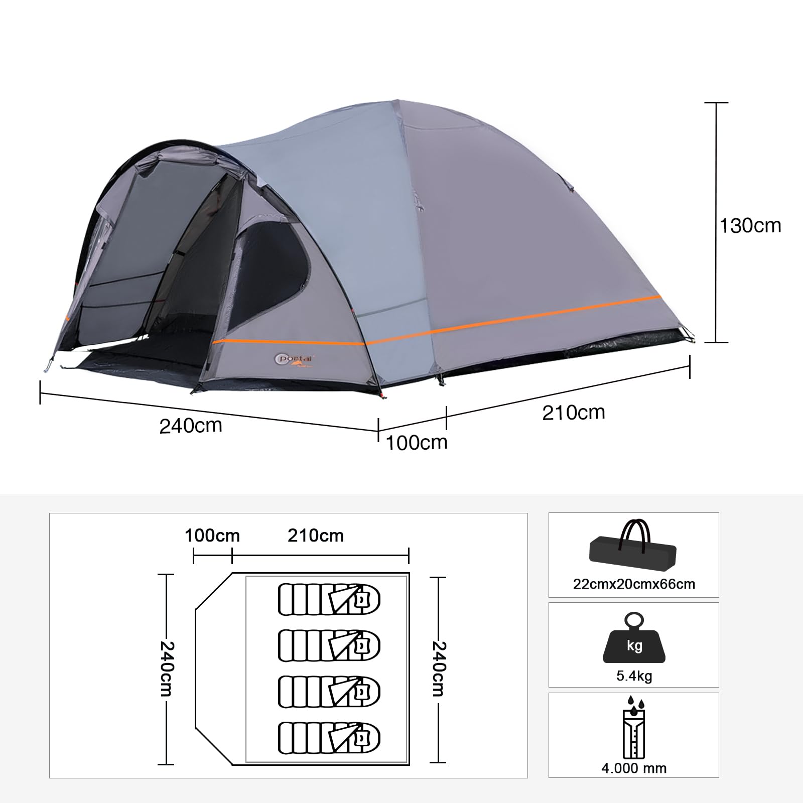 **Waterproof 3-4 Person Dome Camping Tent with Rainfly – 4000mm PU Coating for Family, Festival, Trekking & Garden Use – Perfect for Outdoor Adventures, Travel & Backpacking**