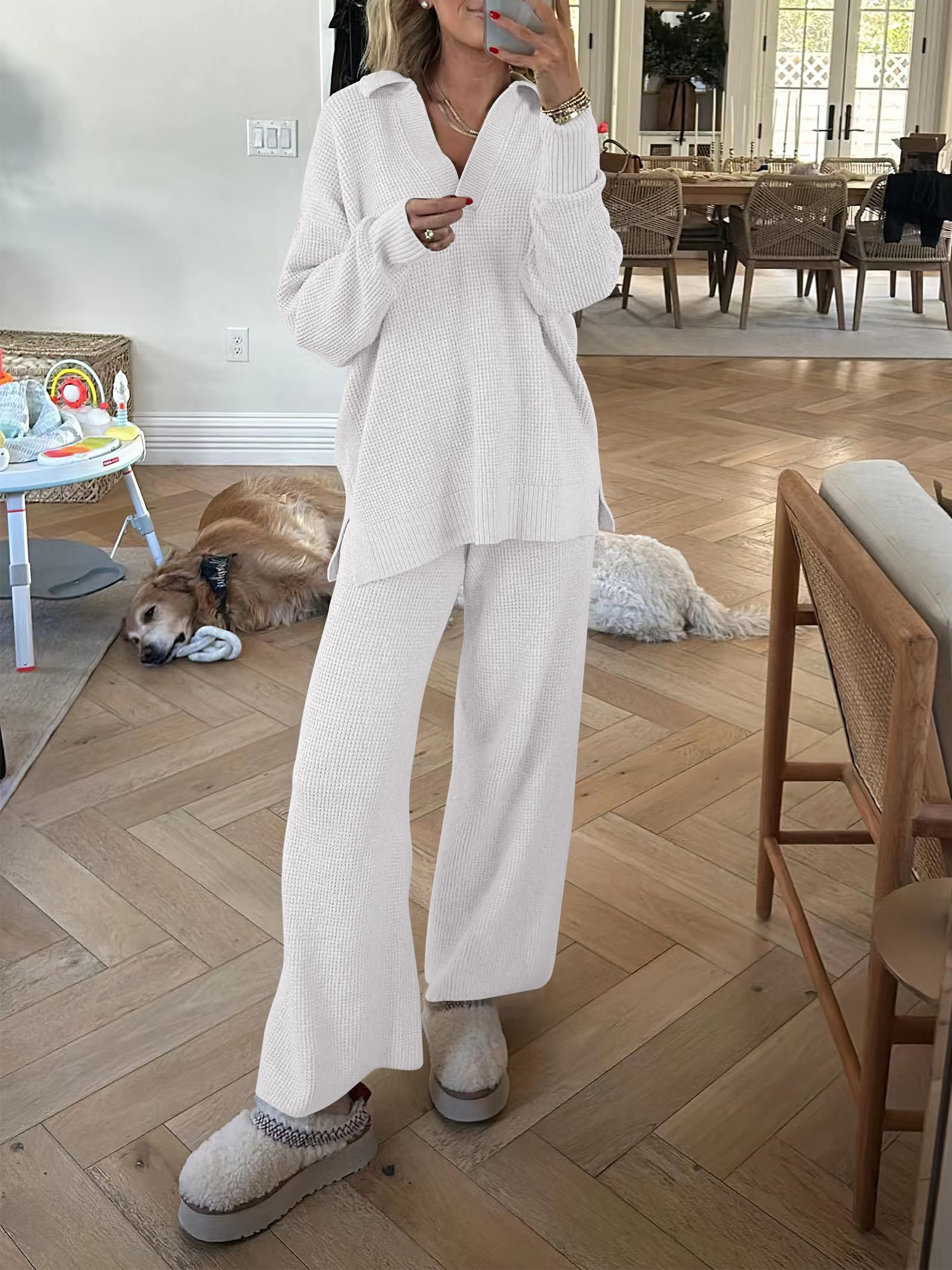 ANRABESS Women's Two Piece Outfits - Waffle Knit Sweater & Wide Leg Pants Lounge Set | Soft Matching Tracksuit for Women | Cozy Fall Winter Loungewear, Casual Outfit, Home Wear & Street Style Fashion