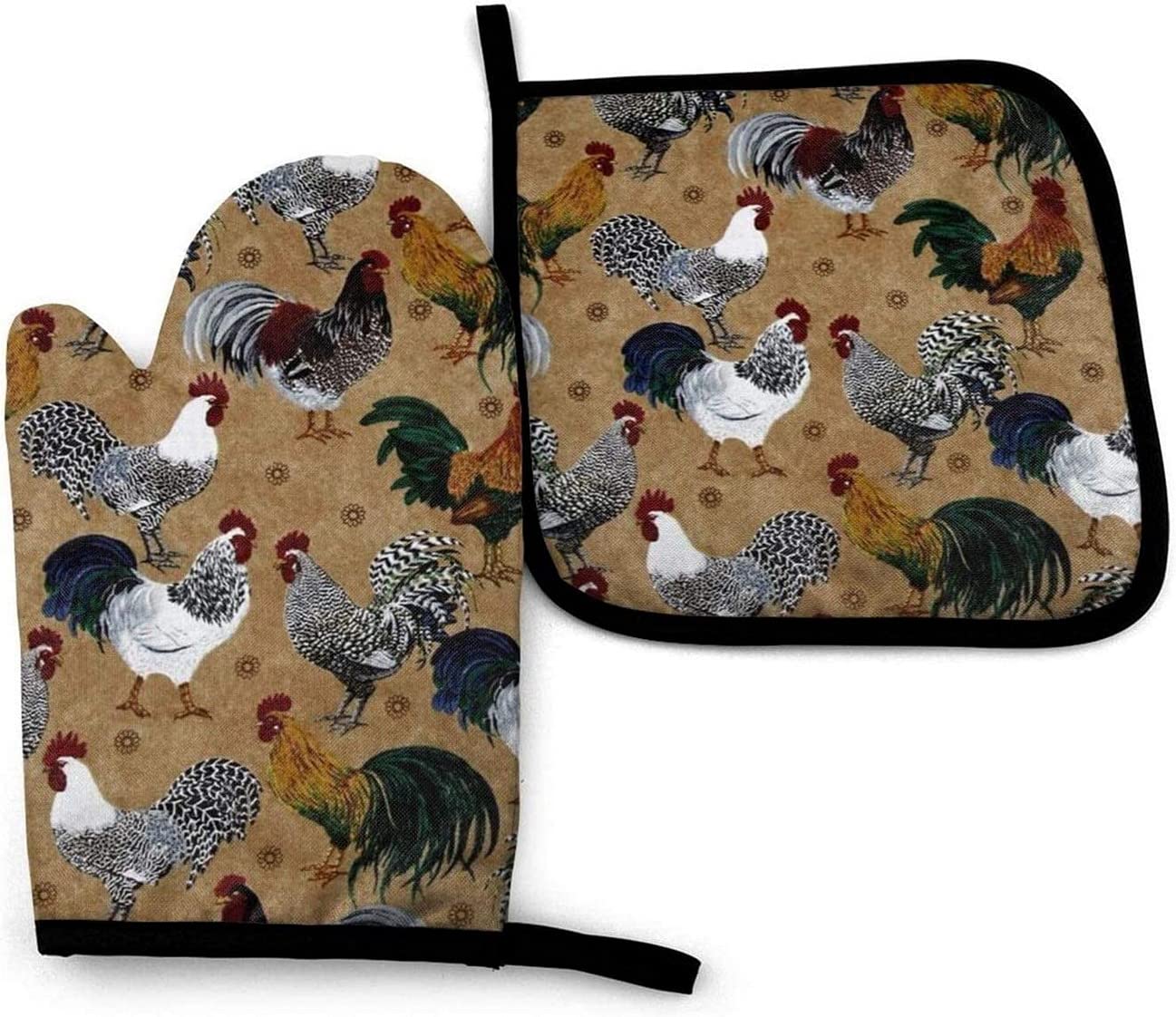 Rooster and Chicken Print Heat Resistant Oven Mitt and Pot Holder Set of 2 - Durable Kitchen Potholders for Baking, Grilling, and Cooking