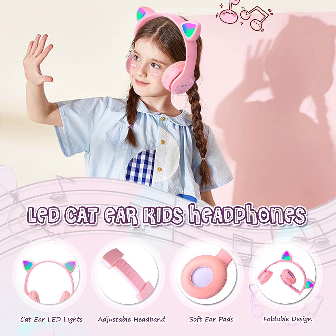 Wireless Cat Ear Headphones for Kids with LED Lights - Pink Foldable Over-Ear Headset with 3.5mm Jack & TF Card Support (3-in-1) - Perfect for School, iPad, Tablet, Travel & Home Use