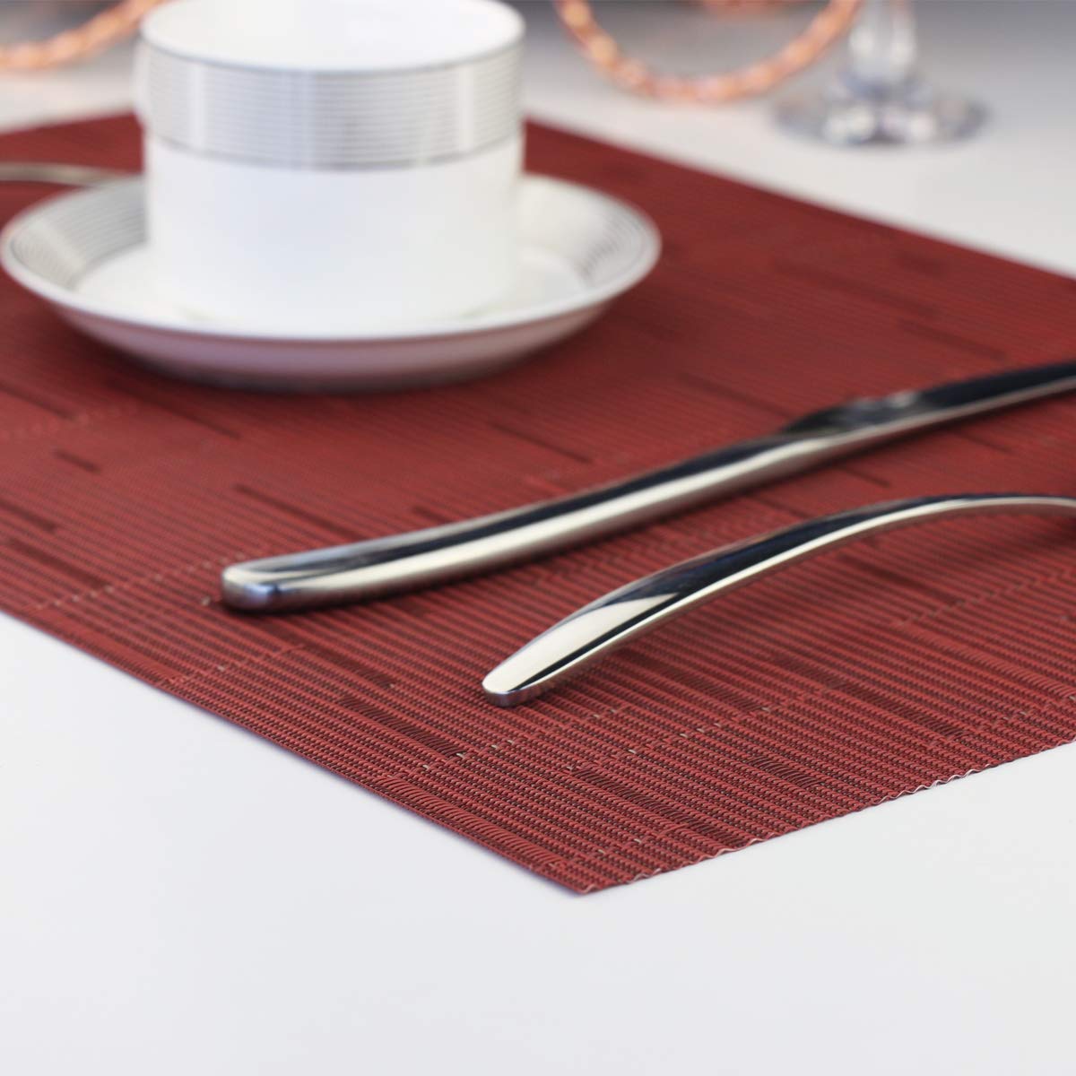 Washable Vinyl Placemats Set of 4 - Burgundy Red Woven Table Mats for Dining, Kitchen & Outdoor Use - Easy to Clean & Durable