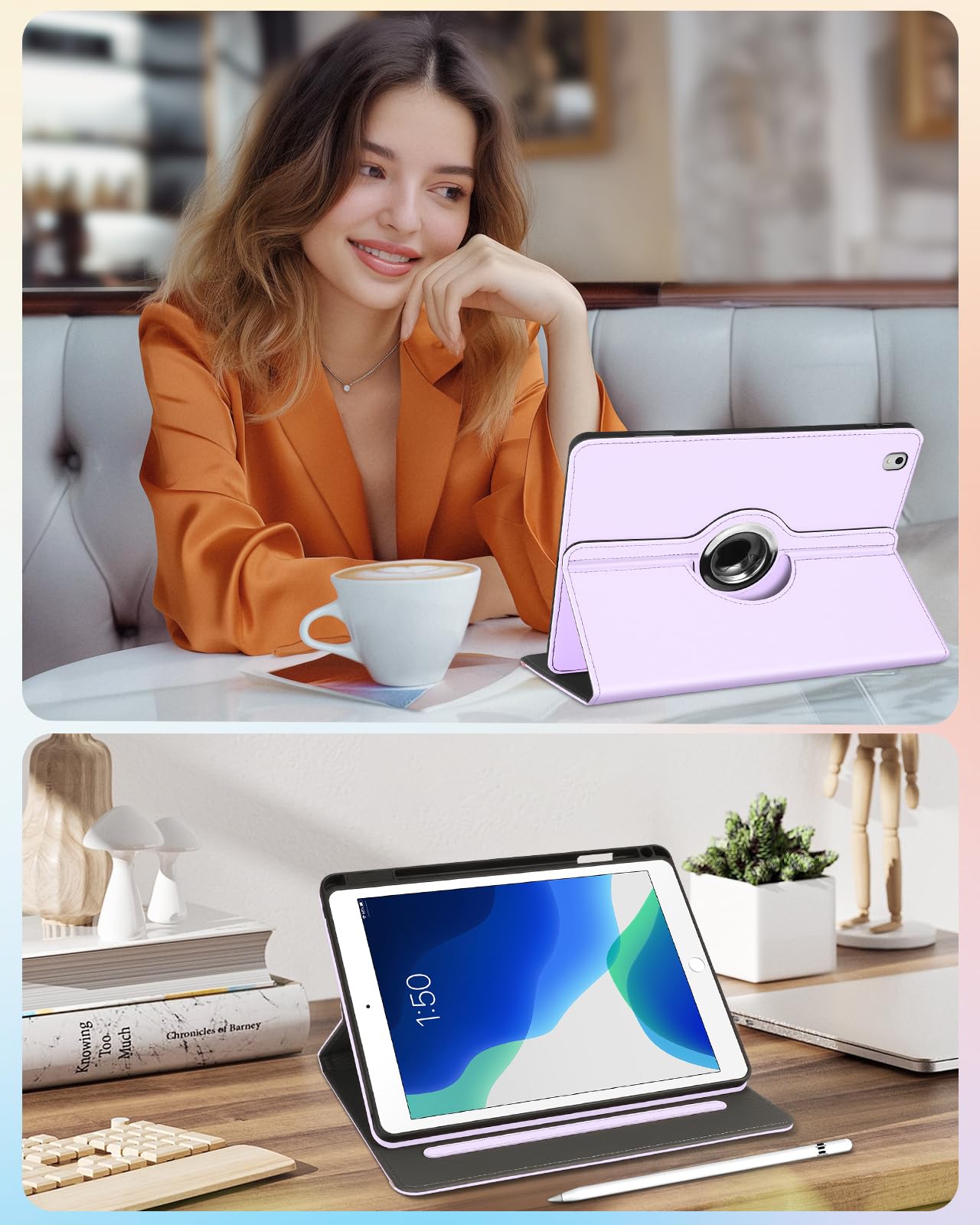 Cute Rotating Stand Folio Cover Case for iPad Air 3rd Gen & iPad Pro 10.5 Inch - Kawaii Cat Design with Pencil Holder & Card Slot | Perfect for Women, Girls & Kids | Study, Work & Travel Protection