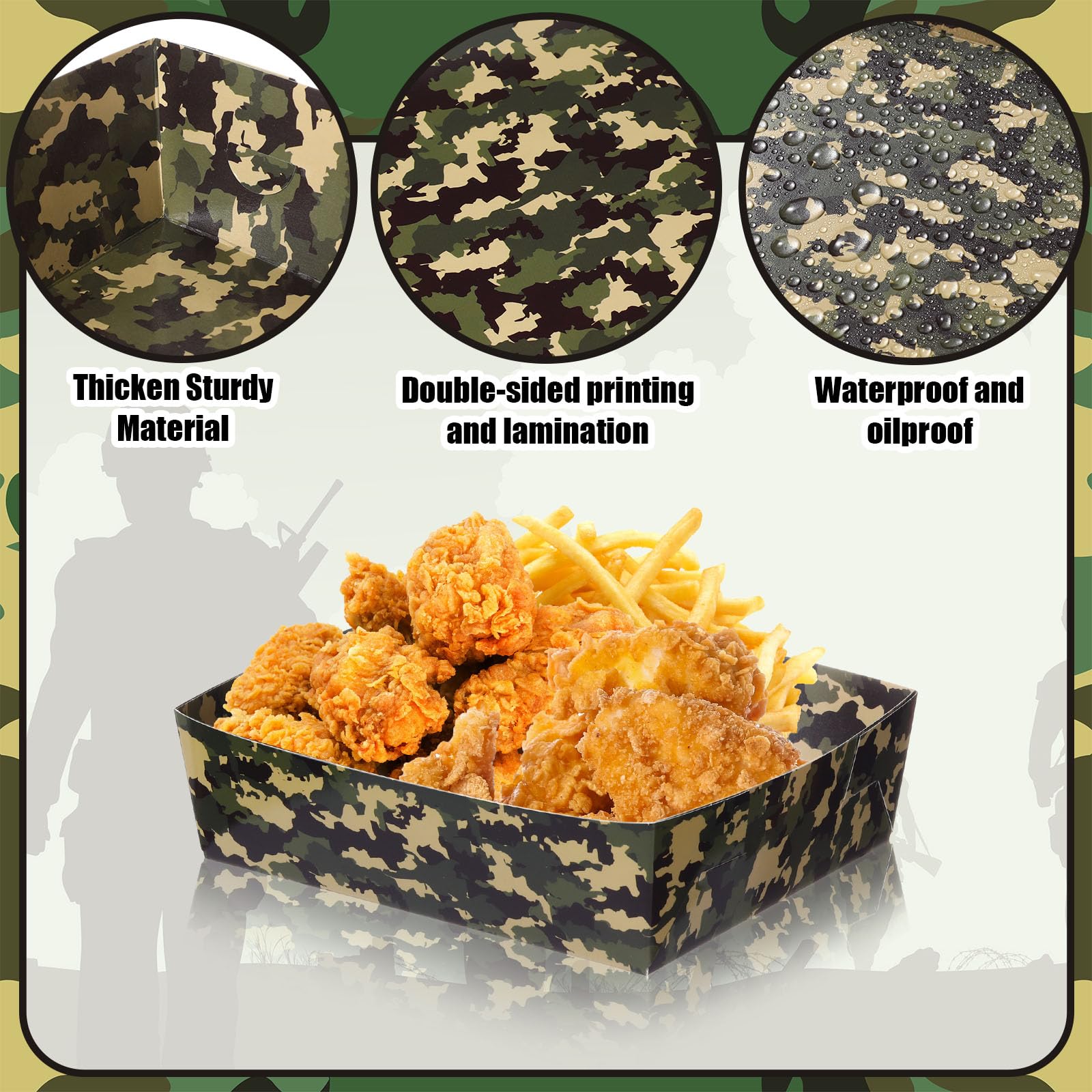 36 Pcs Camo Party Paper Food Trays - 5 lb Deer Nacho Boats, Large Disposable Snack Trays for Birthday Parties, Kids Events, Military Celebrations & Baby Showers - Camouflage Themed Party Supplies (Perfect for Outdoor BBQs, Game Day Snacks & Themed Events)
