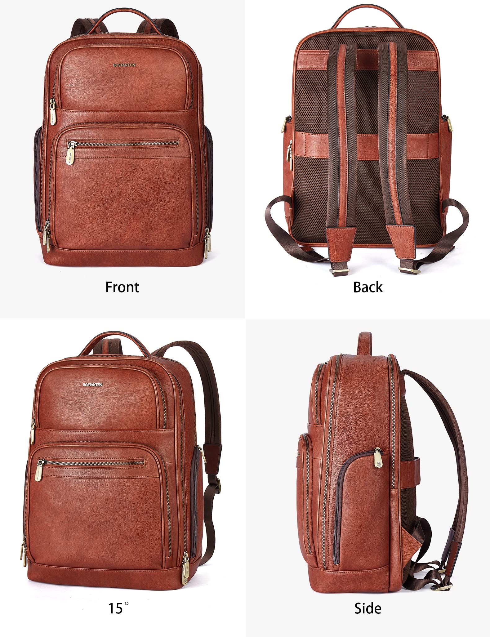 BOSTANTEN Genuine Leather Backpack for Men - 15.6 Inch Laptop Backpack with USB Charging Port, College Travel Business Backpack - Coffee Brown - Perfect for Work, School & Daily Commute