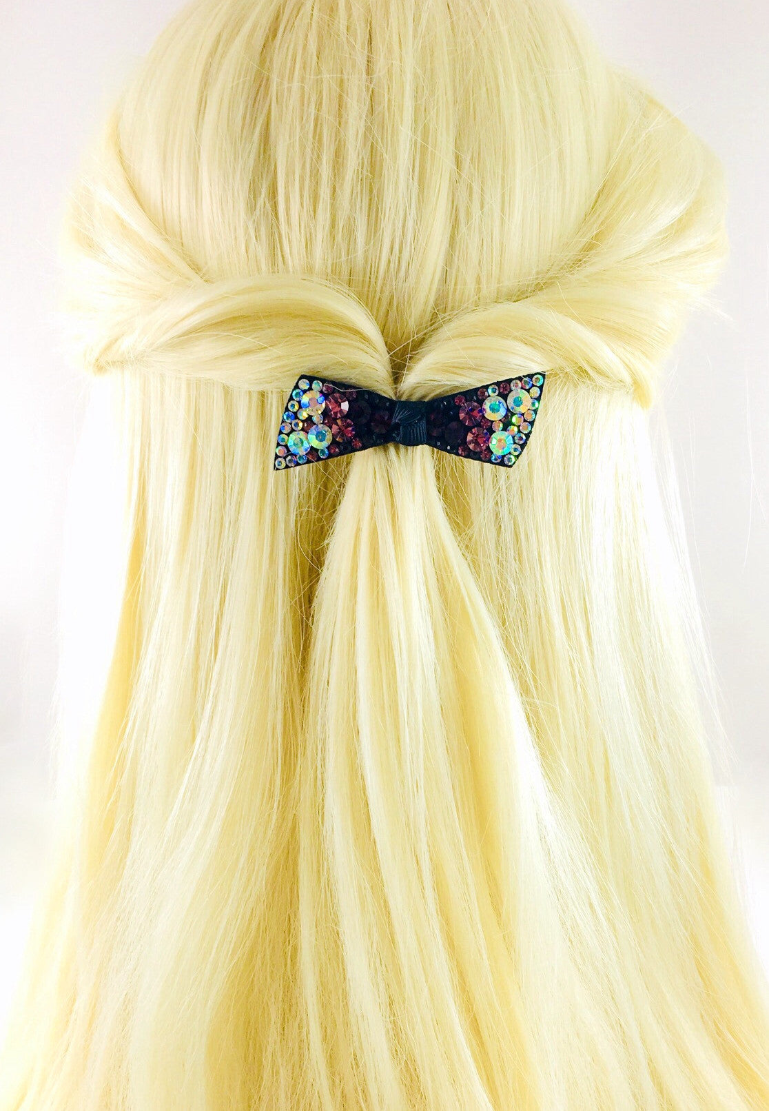 Elegant Swarovski Crystal Bow Knot Hair Clip - Acrylic Black Base with AB Pink Magenta Finish | Perfect for Weddings, Parties & Everyday Glamour