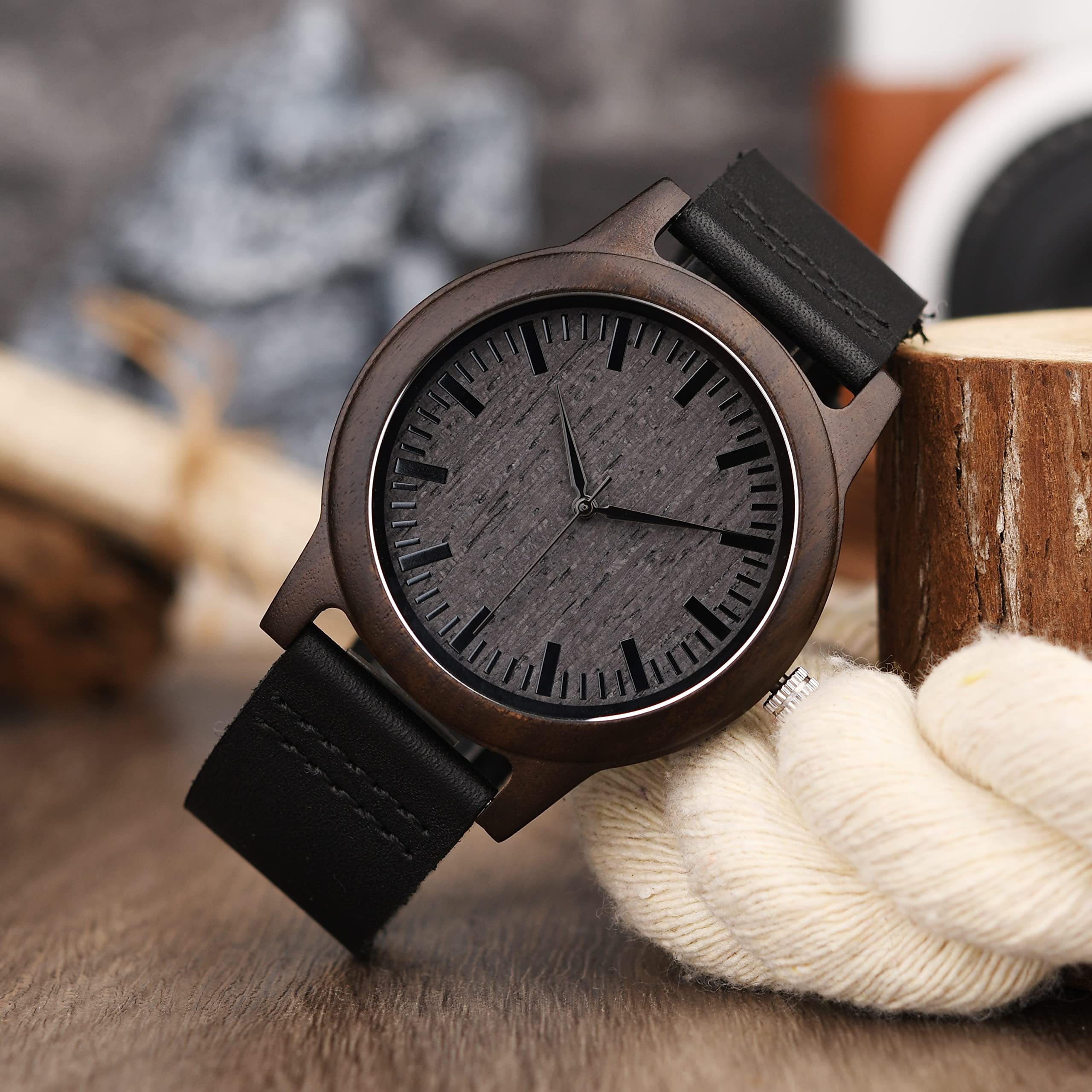 Personalized Engraved Wood Watch for Men - Ebony Wood & Leather Strap - Anniversary, Birthday Gift for Husband, Boyfriend, Dad - Best Man & Groomsmen Watch - Perfect for Weddings, Formal Events & Everyday Wear
