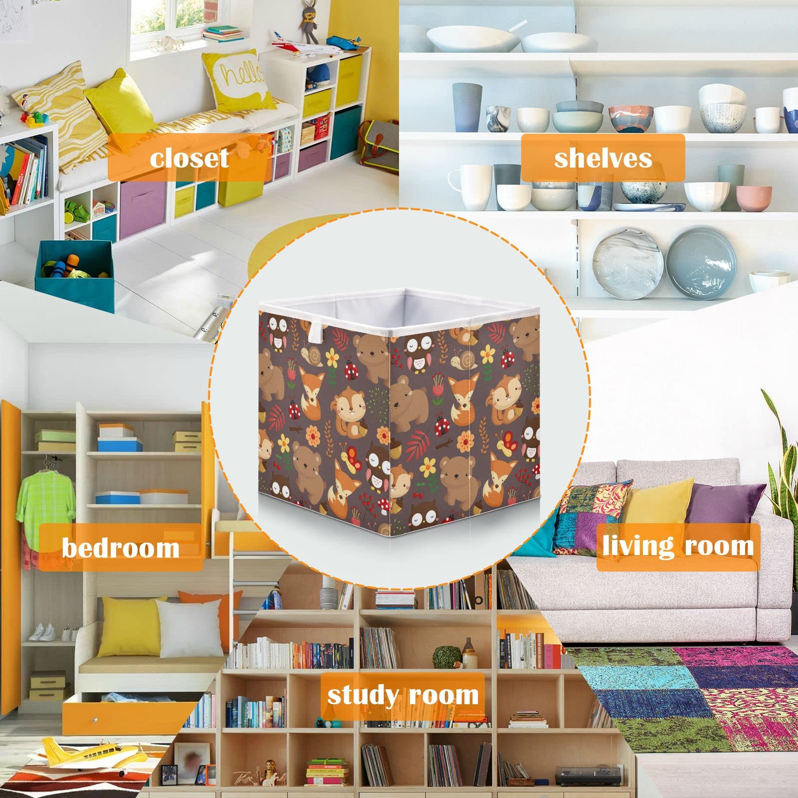 Bolaz Fox Owl Bear Fabric Storage Cubes & Bins - Versatile Shelf Baskets & Organizers for Kids Room, Closet, Toy Storage & Home Organization - Perfect for Nursery, Playroom & Bedroom Decor