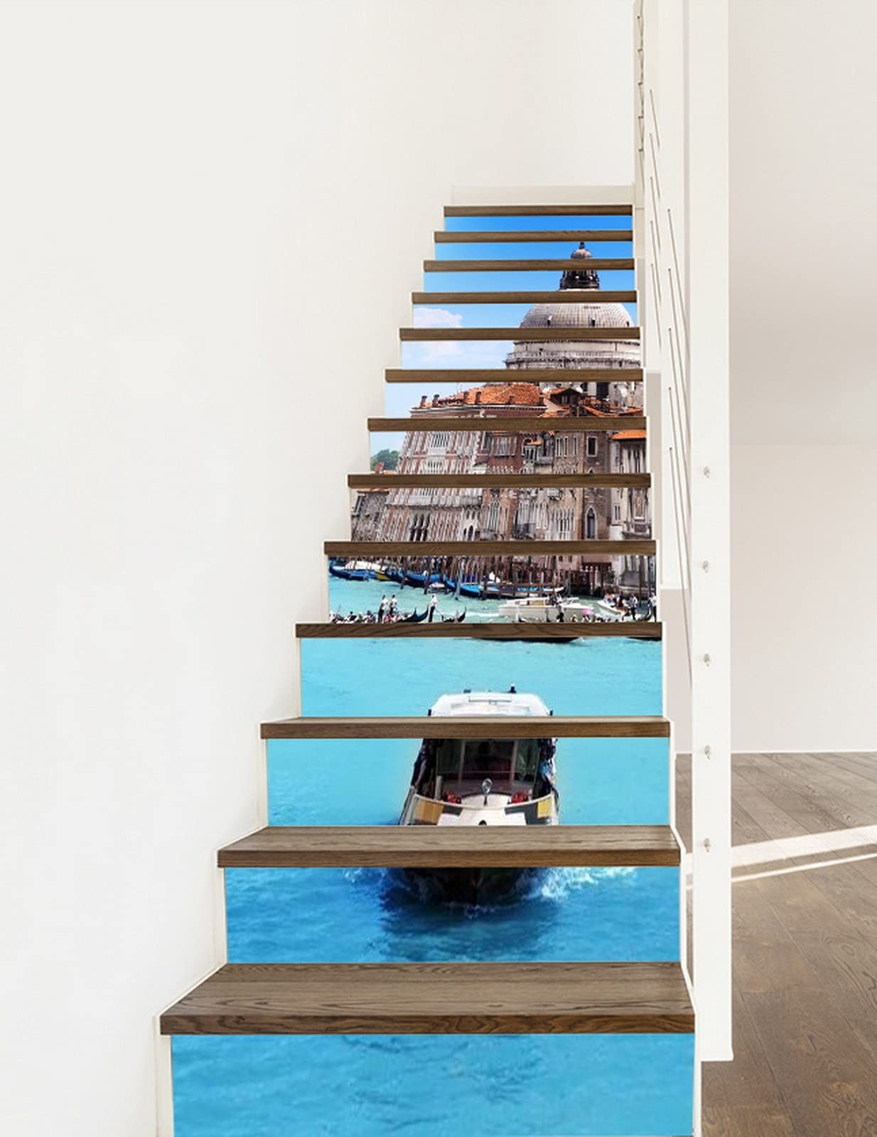 3D Self-Adhesive Removable Stair Stickers - Venice Italy Grand Canal & Basilica Santa Maria Della Salute Design - Waterproof Vinyl Stair Riser Decals for Kitchen, Tile, Wall Decor - 13-Piece Set - Perfect for Home Renovation, Staircase Makeover & Interior Design Projects