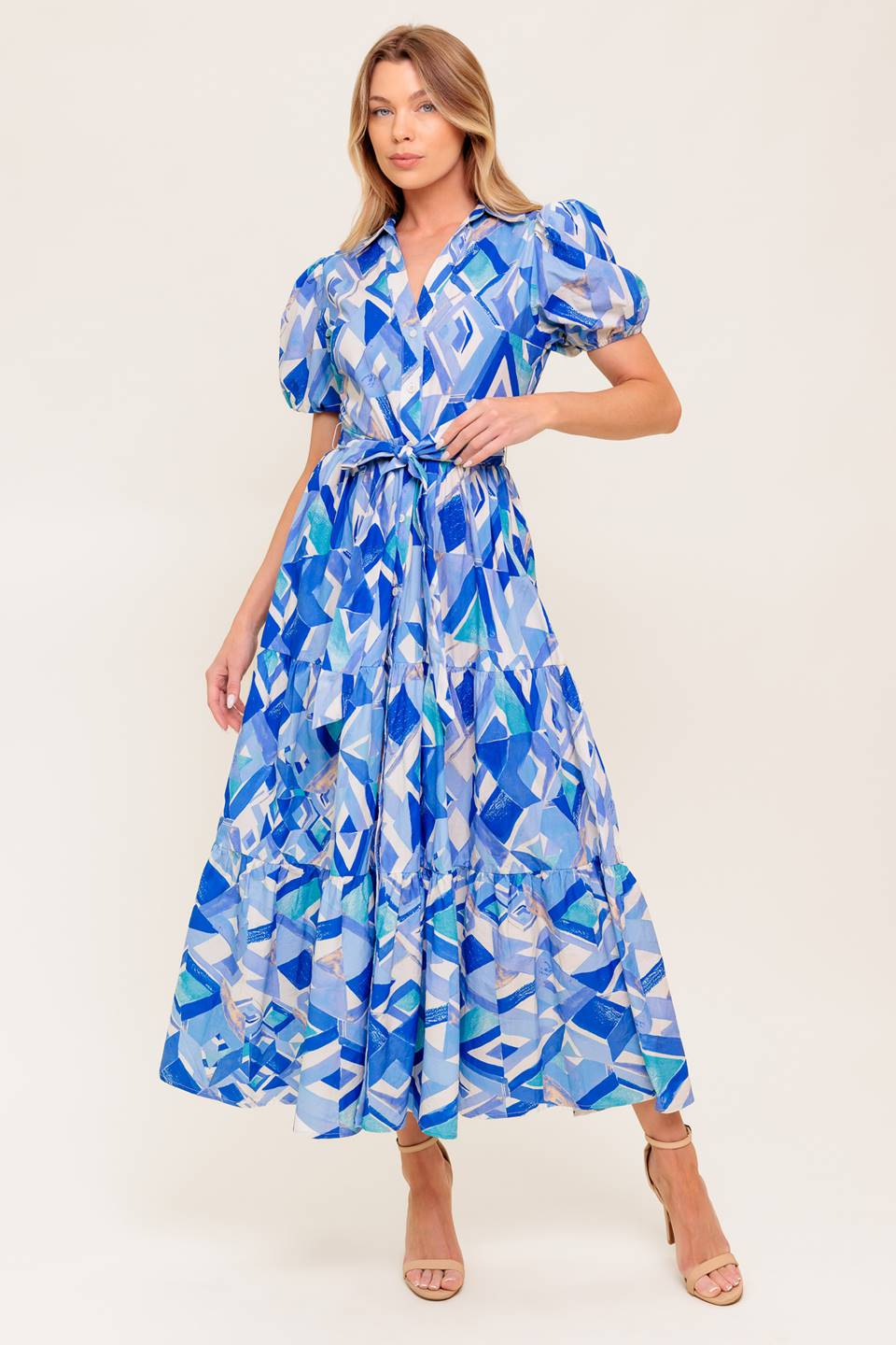 FAITH MIDI DRESS - Blue Geometric Print Cotton Dress for Women | Summer Casual & Party Wear | Perfect for Beach, Office and Date Night Outfits