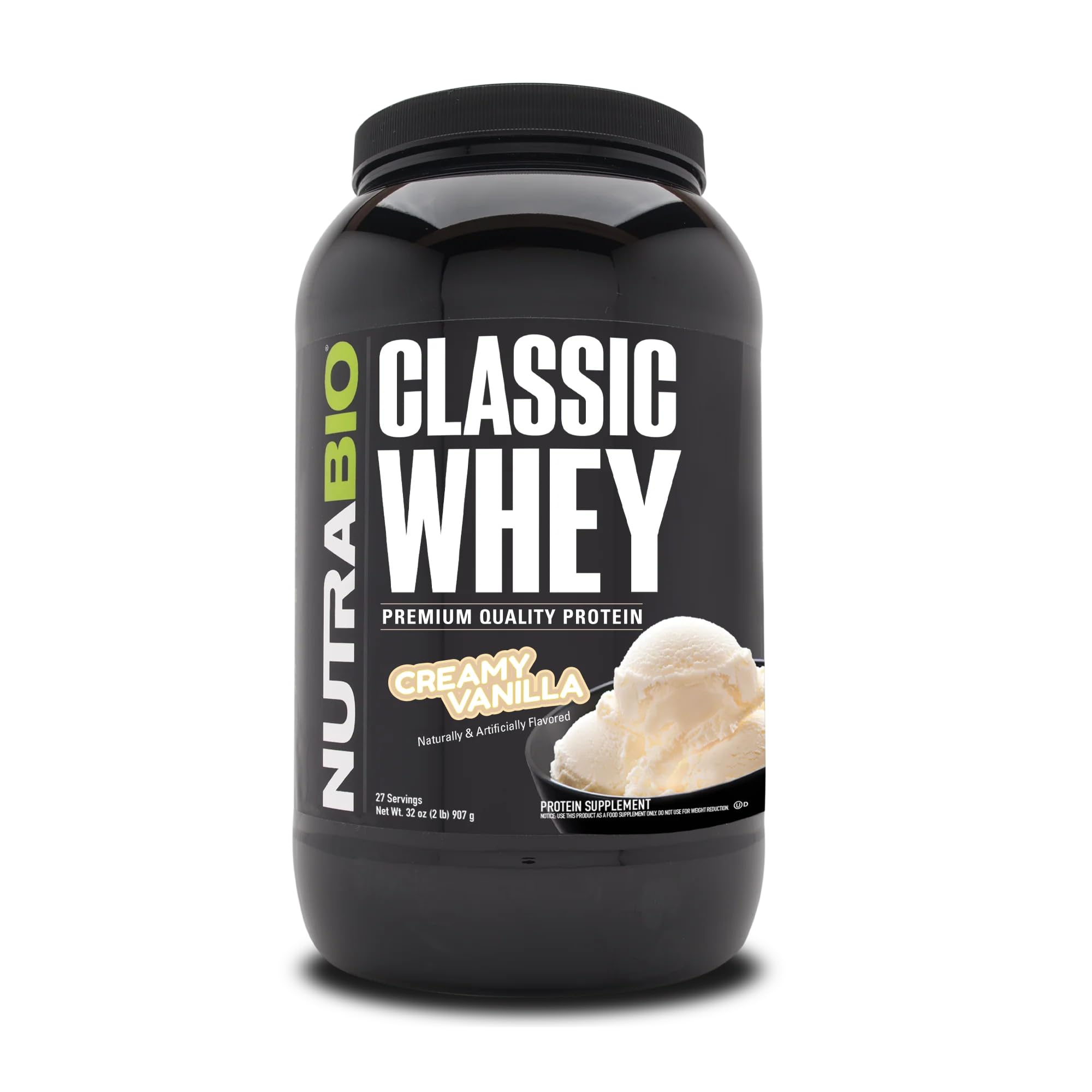 NutraBio Classic Whey Protein Powder - 25G Protein Per Scoop, Full-Spectrum Amino Acids, No Fillers or Artificial Ingredients - Low Glycemic Index, Creamy Vanilla Flavor, 2lb (907g) - Perfect for Post-Workout Recovery, Muscle Building & Healthy Lifestyle
