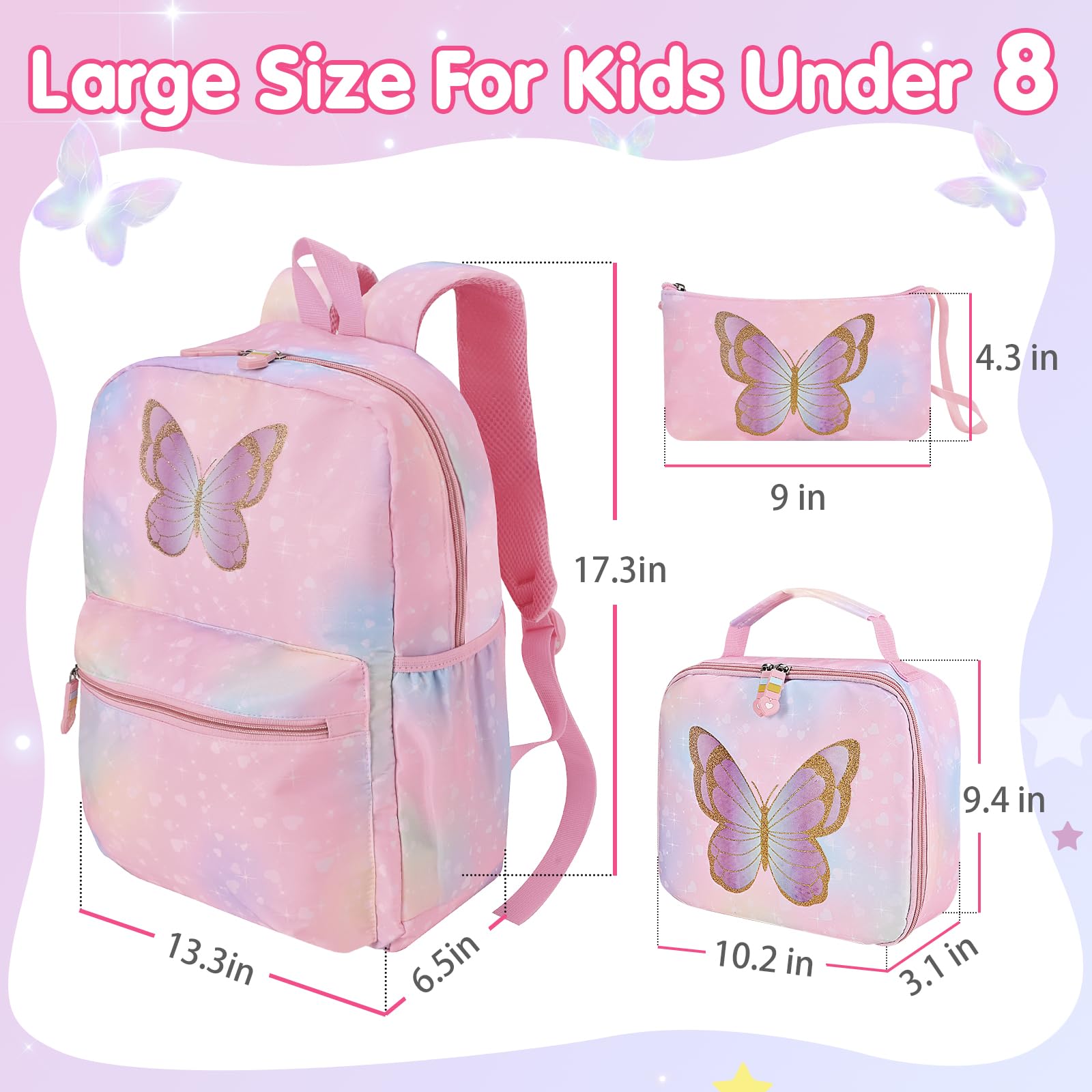 Cokouchyi 3 Pcs Kids Backpack Set with Lunch Box & Pencil Case - Lightweight Preschool Backpack for Girls Age 4-8, Elementary School Book Bag with Butterfly Design - Perfect for School, Travel & Daily Use