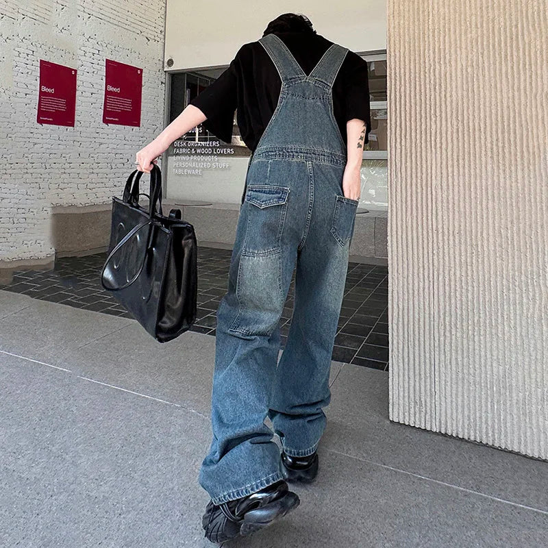 Men's Denim Overalls - American Style Washed Patchwork Straight Wide Leg Jeans for Men | Trendy Spring Outfit | Perfect for Casual Wear, Work & Outdoor Activities