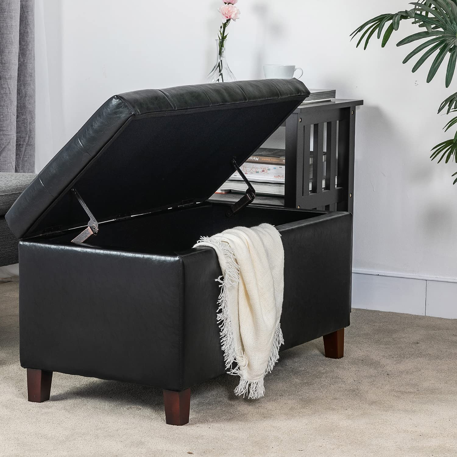 Adeco Faux Leather Storage Ottoman Bench with Wood Legs - Tufted Rectangular Footrest Stool for Living Room, Bedroom, Entryway | Multi-Functional Coffee Table & Seating Solution (Black) - Perfect for Small Space Organization & Extra Seating