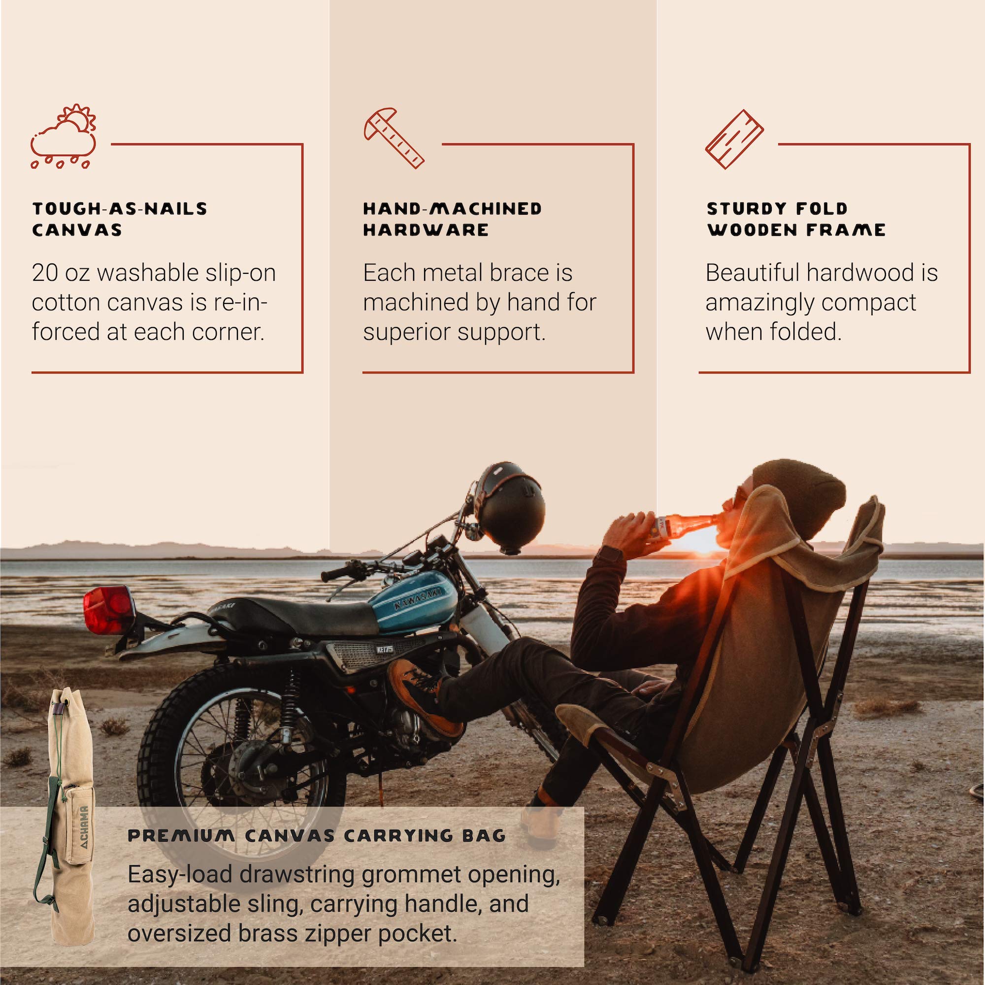 CHAMA Vaquero Folding Chair & Travel Bag - Wheat & Pine Wood Outdoor Portable Camping Chair with Canvas Seat - Supports 300 lbs - Perfect for Camping, Picnics, Beach, Backyard, Patio & Indoor Use