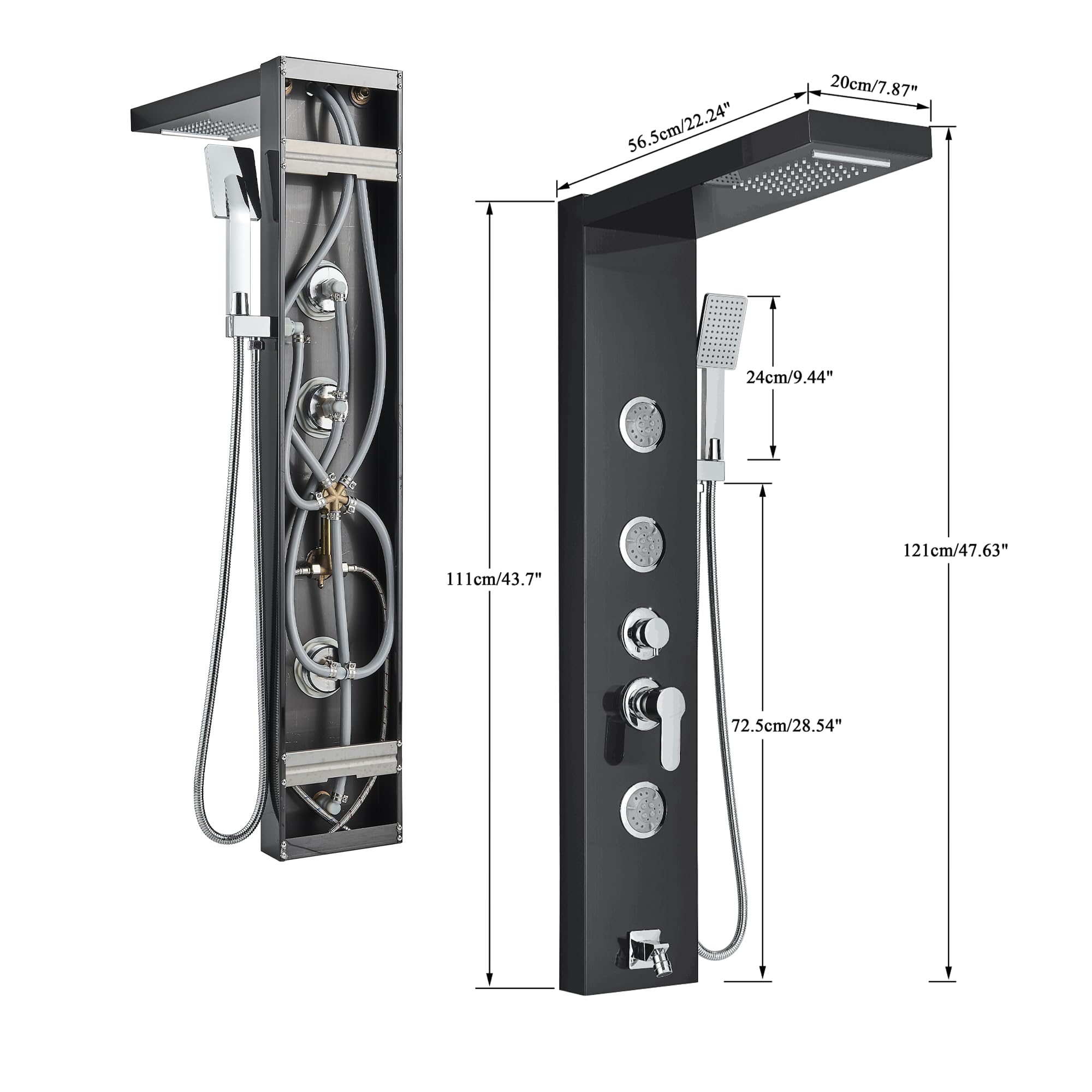 AlenArt Stainless Steel Shower Panel Tower System - Multi-Function Shower with Body Jets, Handheld Sprayer, Rainfall Shower Head & Tub Spout - Wall Mounted Black Shower Panel for Luxury Bathroom Upgrade