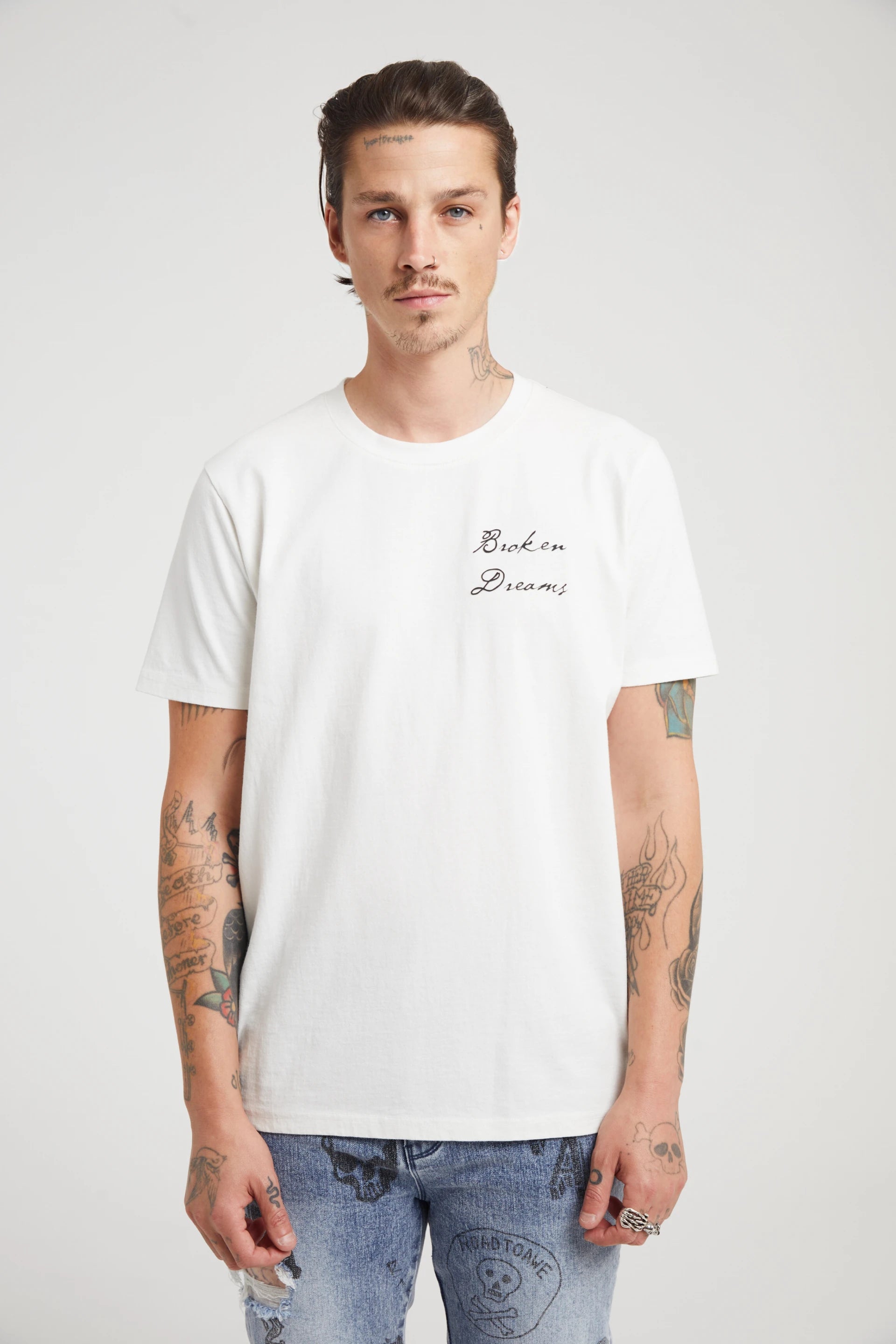 LIAM TEE | White Collegiate Broken Dreams Graphic T-Shirt for Men - Casual Streetwear, Vintage Style Tee for Everyday Wear, Outfits & Gifts