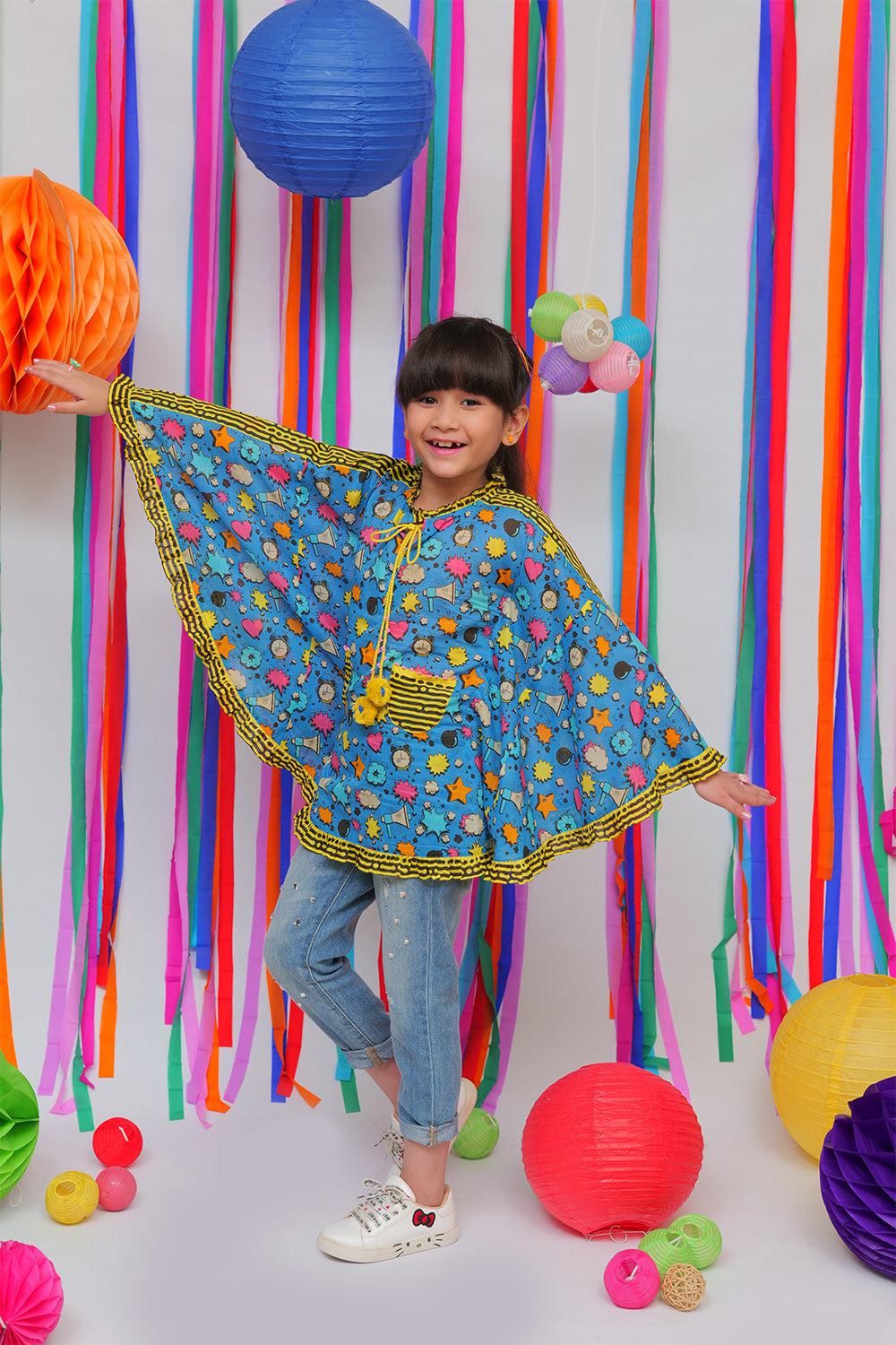 Blue & Multicolor Casual Kurta for Senorita Kids - Comfortable Ethnic Wear for Festivals, Parties & Daily Wear