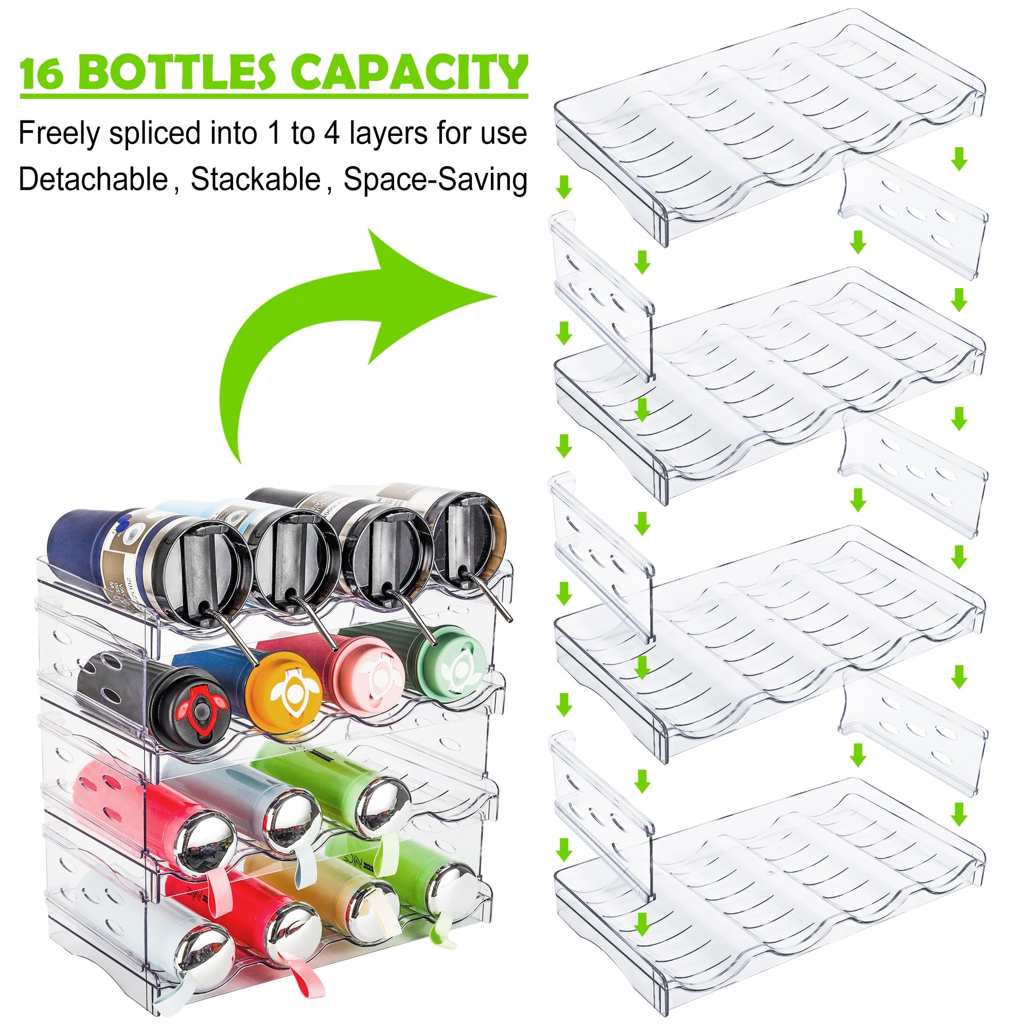 **4-Tier Stackable Water Bottle Organizer for 30 OZ Stanley Tumblers & Wine Bottles - Clear Cabinet Storage Rack Holds 16 Bottles - Perfect for Pantry, Kitchen & Office Organization**