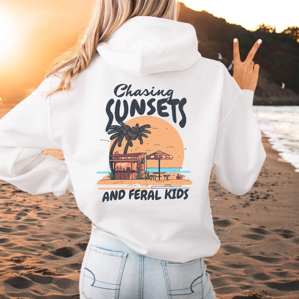Chasing Sunsets & Feral Kids Pullover Hoodie - Cozy Fleece Sweatshirt for Men & Women - Perfect for Casual Wear, Street Style & Outdoor Adventures