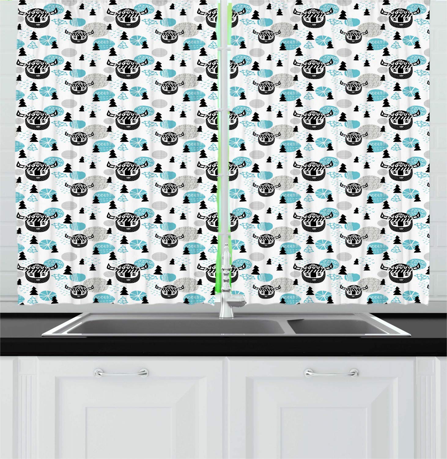 Ambesonne Viking Themed Kitchen Curtains Set of 2 - Nordic Woodland Pattern with Viking Faces & Trees, 55 x 39 Inch Window Drapes for Kitchen & Cafe Decor in Dark Grey & Sky Blue - Perfect for Viking Lovers, Norse Theme Restaurants & Cozy Cabin Interiors