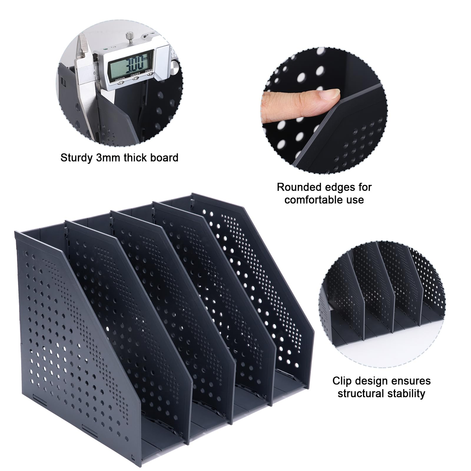 Foldable Magazine File Organizer with 4 Vertical Compartments - Space-Saving Desk Binder Holder, Dark Gray Plastic Shelf Storage for Office, Home & School Use - Perfect for Organizing Documents, Books & Office Supplies