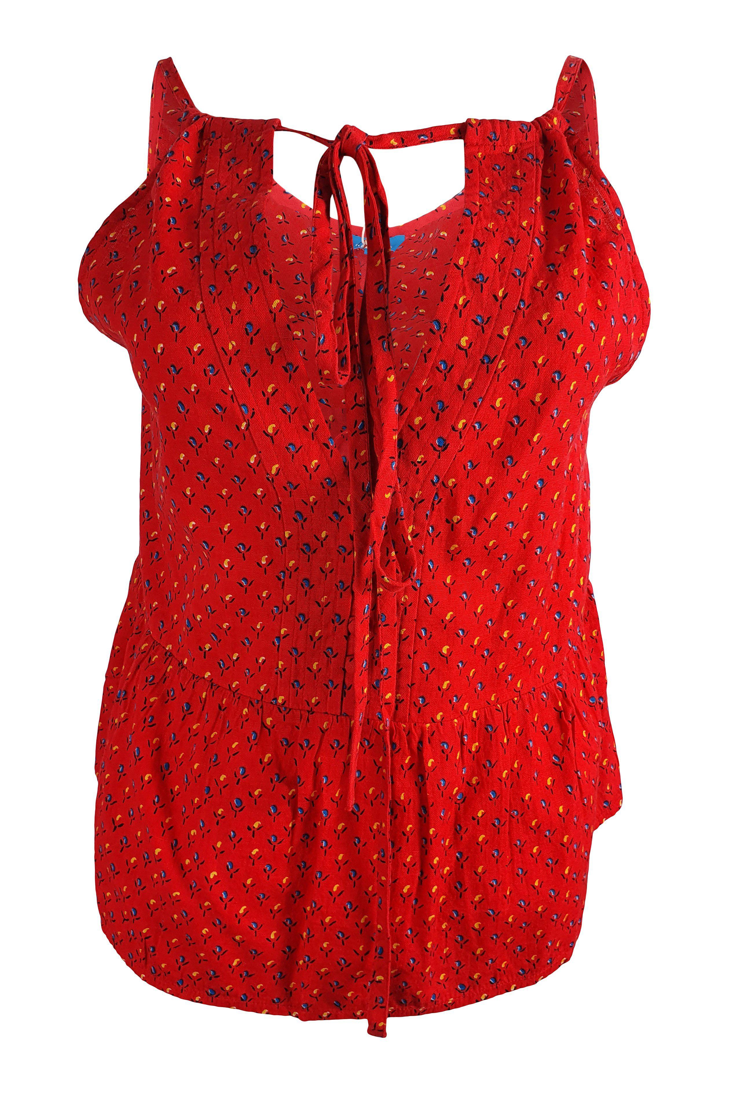 M.I.H Women's Red Cotton Flax Blend Floral Print Tie Neck Blouse (Size S) - Perfect for Spring Outfits, Date Nights & Casual Wear