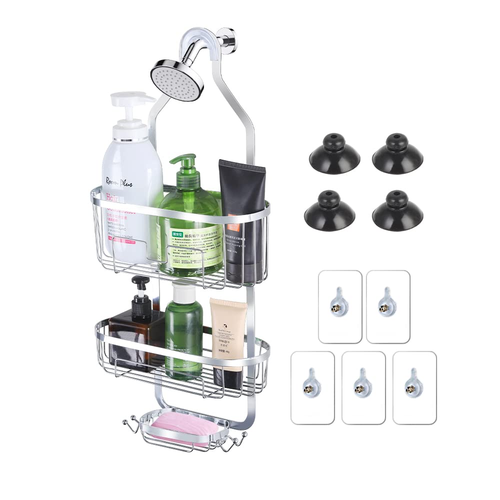 Rustproof Over the Shower Caddy Organizer with 2 Baskets & 4 Hooks - Perfect for Shampoo, Conditioner & Soap Storage - Bathroom Hanging Shower Shelf (Silver) - Ideal for Small Spaces, Dorm Rooms & Apartment Showers