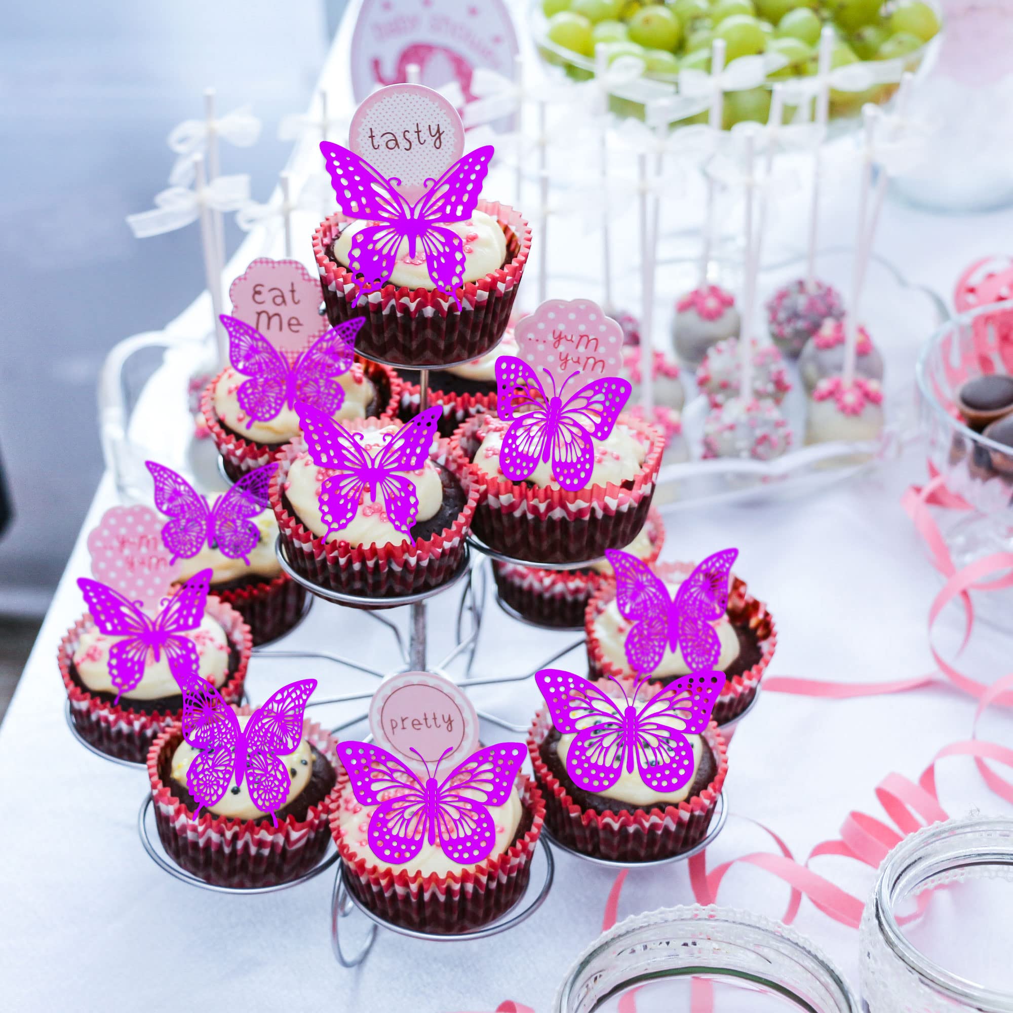 Metallic Purple 3D Butterfly Cupcake Toppers - 36Pcs Hollow Art Cake Decorations for Baby Showers, Weddings, Anniversaries & Kids Birthday Parties - Elegant Wall & Dessert Decor Supplies | Perfect for Cake Decorating, Party Themes & Sweet Table Displays