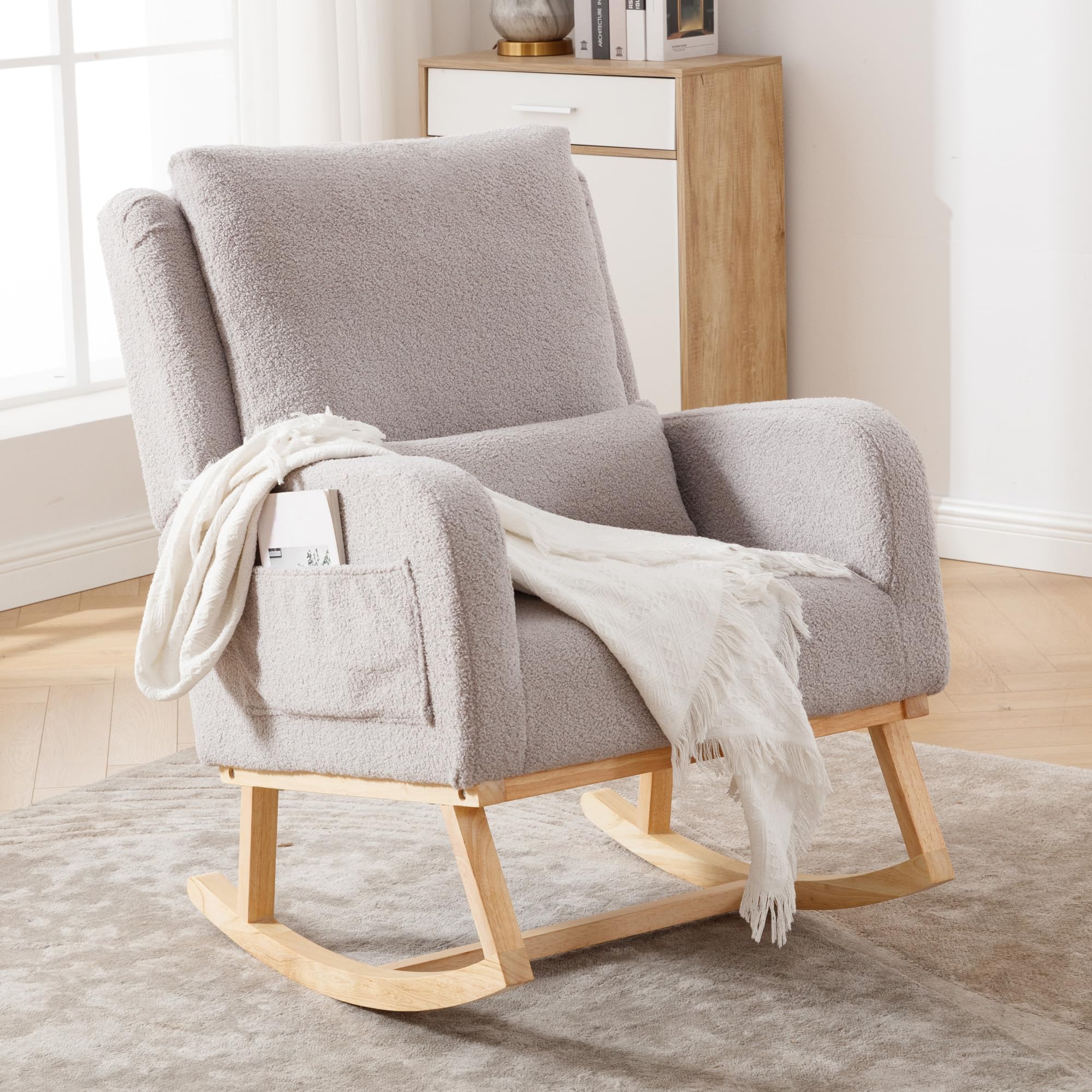 Sherpa Nursing Rocking Chair - Modern Upholstered Nursery Glider Rocker with Pillow for Mom, Baby Nursery, Living Room & Bedroom - Soft Teddy Light Grey - Perfect for Breastfeeding, Relaxing & Nursery Decor