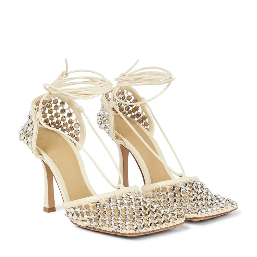 Perixir Women's Sexy Strappy Square Toe Rhinestone Heeled Sandals - Black/Nude/Pink/White - Size 6-10 | Perfect for Parties, Weddings & Date Nights