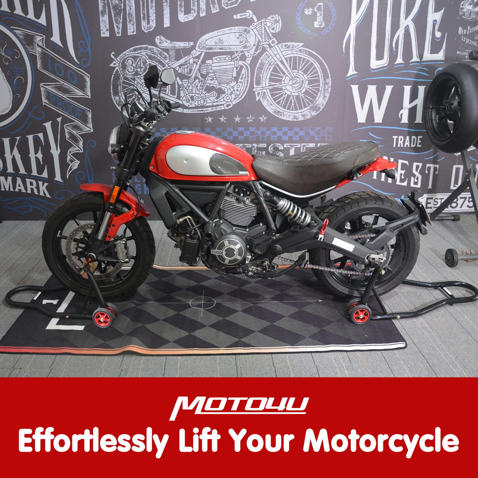 MOTO4U Universal Motorcycle Front & Rear Wheel Lift Stand Combo - Swingarm Spool Paddock Stand for Bike Maintenance (Red Wheel) - Perfect for Garage, Workshop & DIY Motorcycle Repair