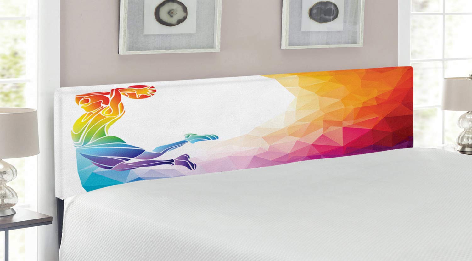 Ambesonne King Size Basketball Headboard - Rainbow Color Vivid Sports Player Jumping Print, Upholstered Decorative Metal Bed Frame with Memory Foam for Sports Themed Bedroom Decor | Perfect for Basketball Fans, Kids Rooms & Game Room Decorations